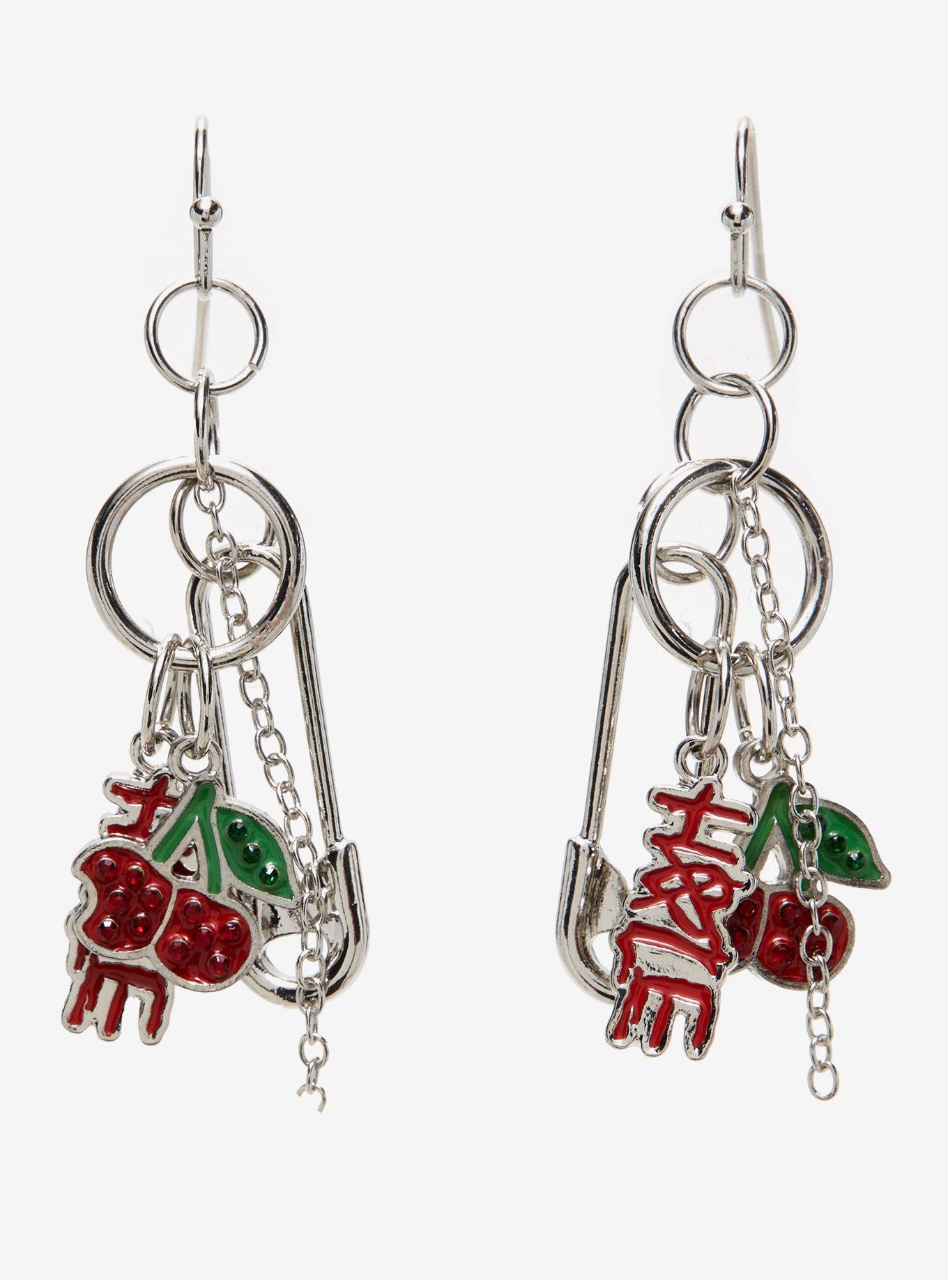 Hole Cherry Safety Pin Earrings Hot Topic