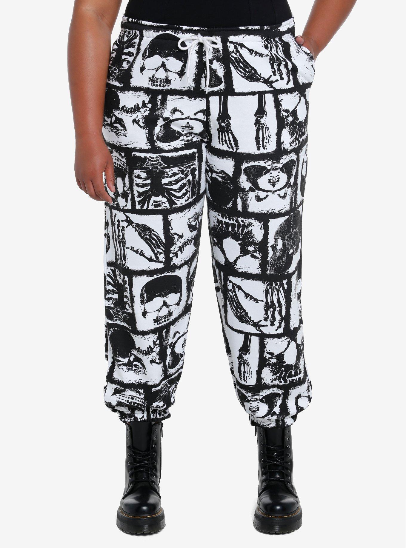 Skeleton Grid Girls Sweatpants Plus Size, BLACK  WHITE, hi-res