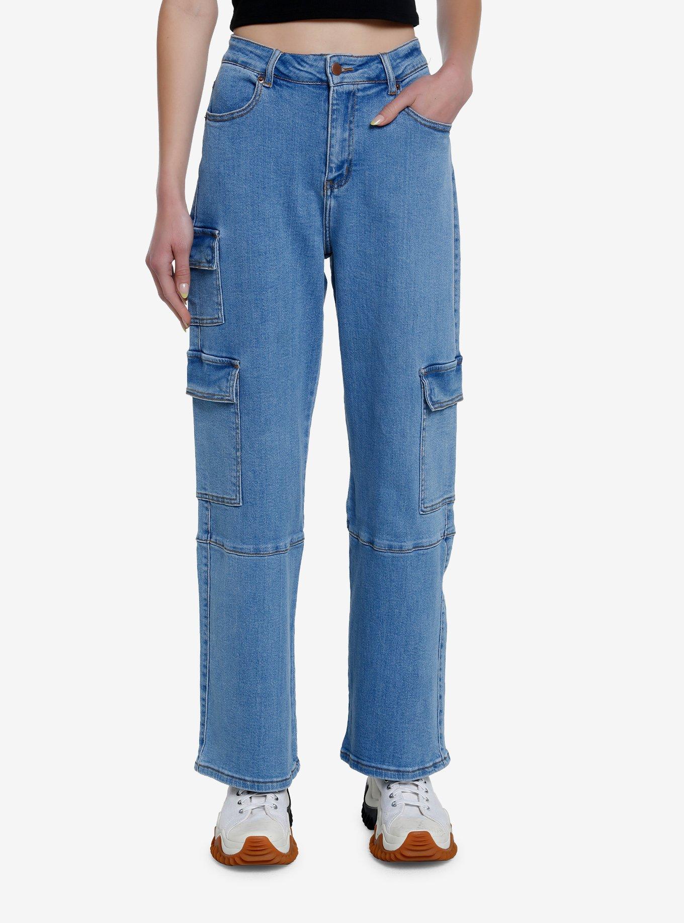 Indigo Wide Leg Cargo Denim Pants, INDIGO, hi-res