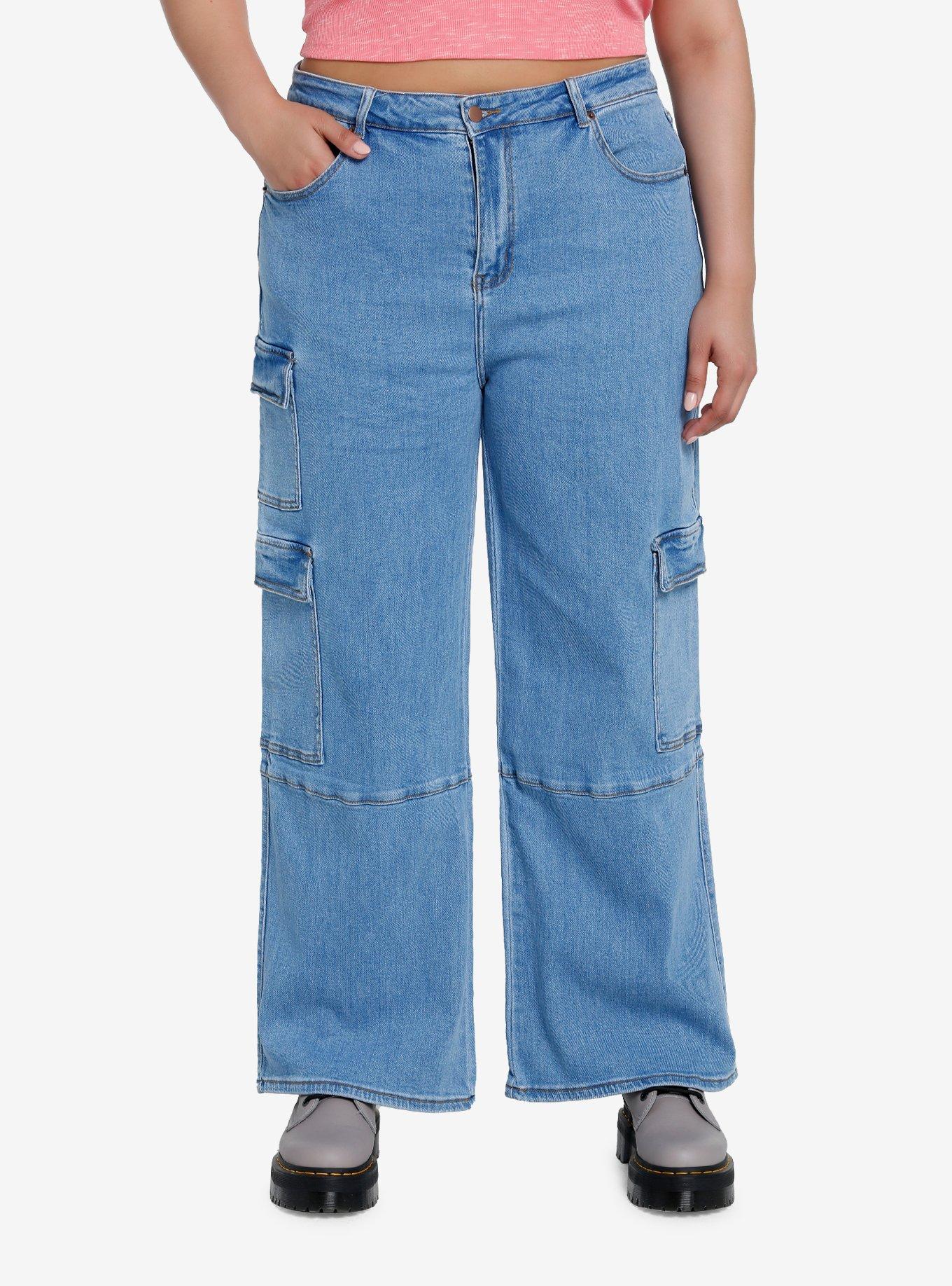 Indigo Wide Leg Cargo Denim Pants Plus Size, , hi-res