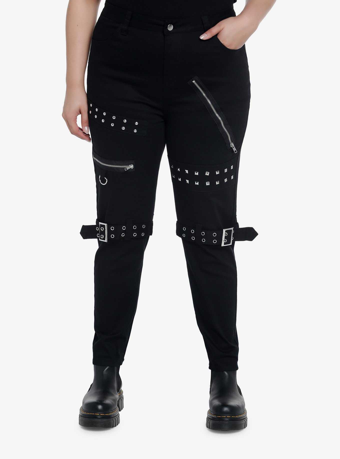 Social Collision Black Grommet Strap Zipper Flare Pants Plus Size