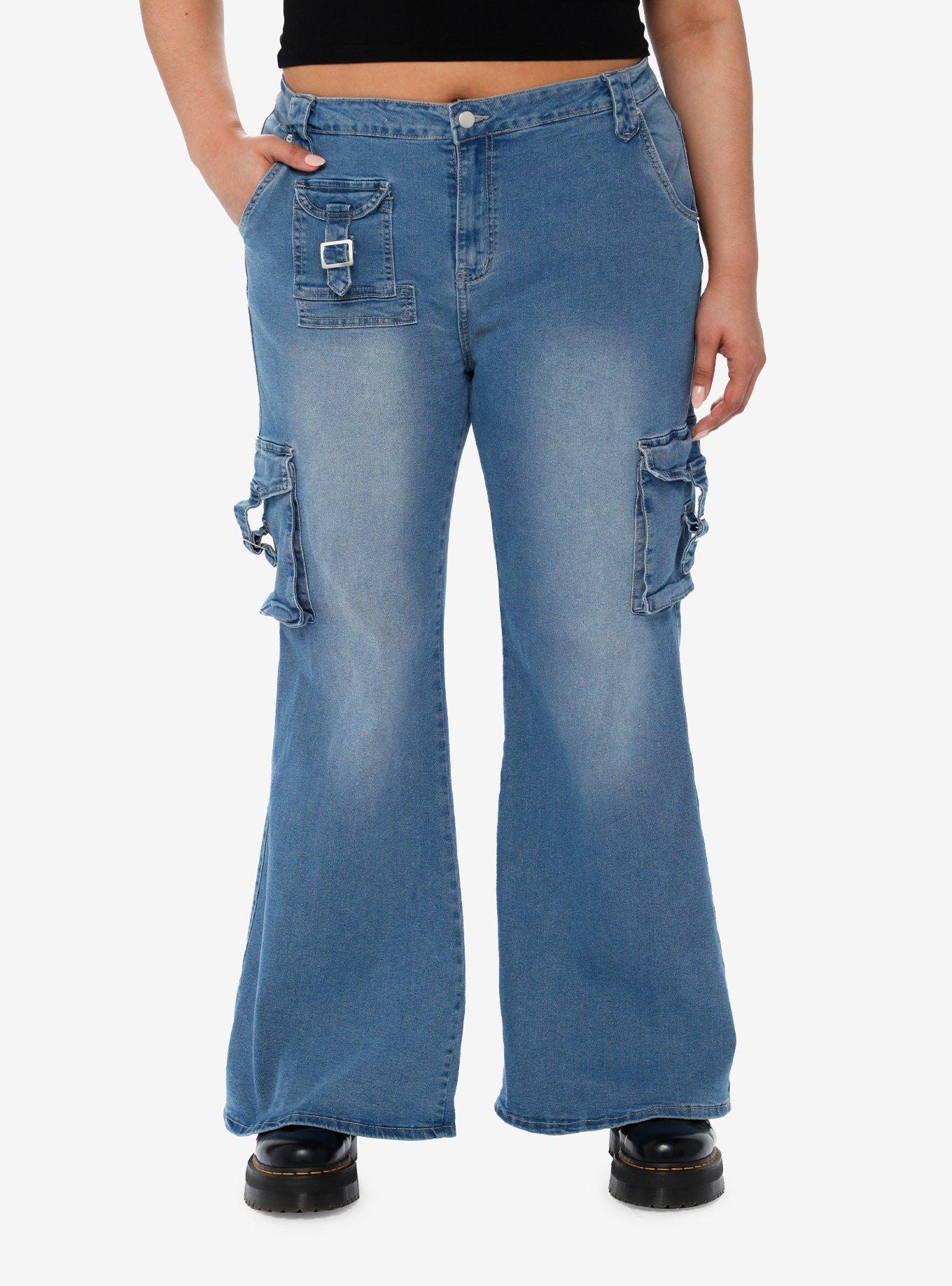 Indigo Multi-Pocket Denim Flare Jeans Plus Size, , hi-res