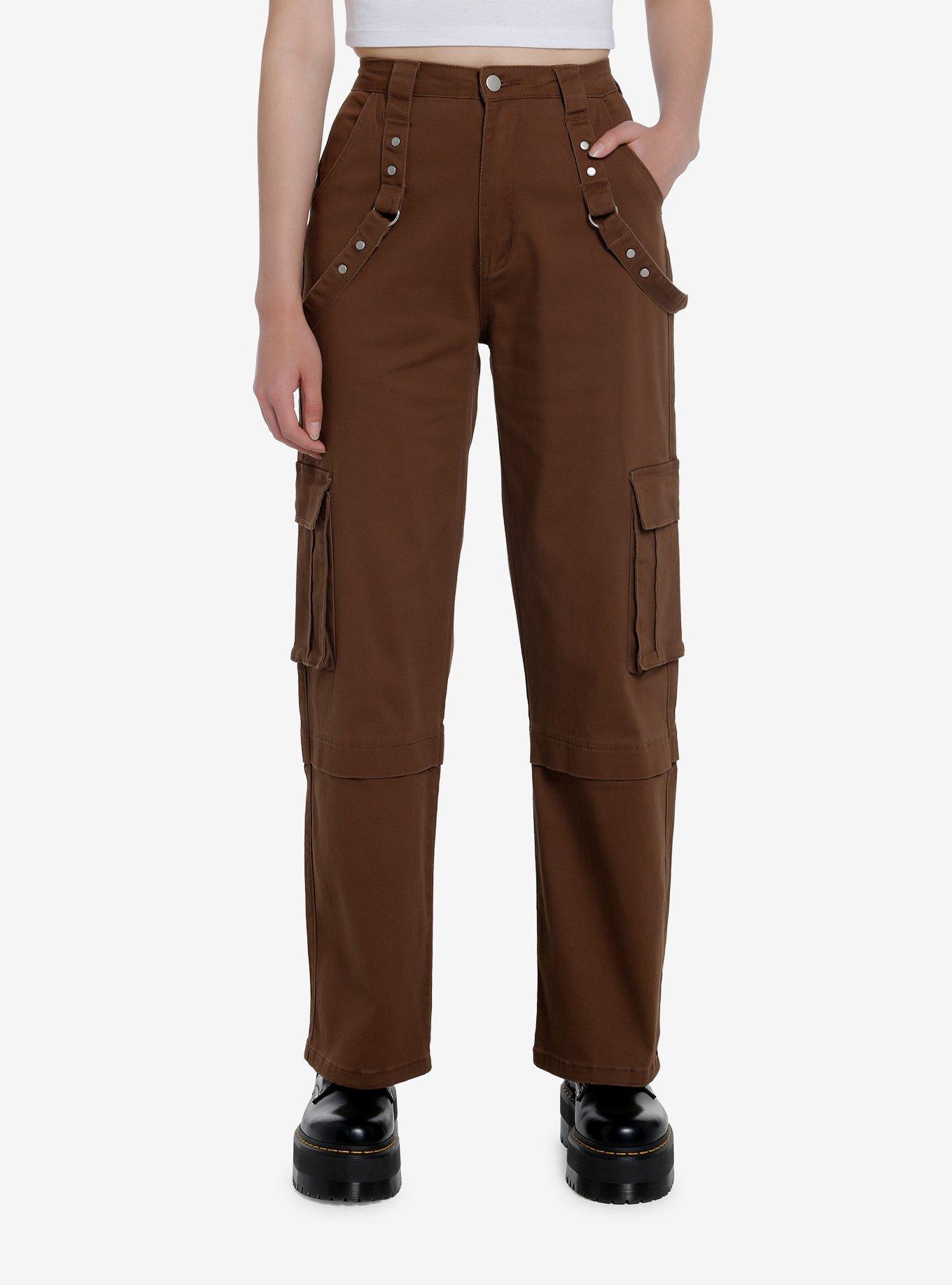 Brown Wide Leg Suspender Pants, BROWN, hi-res
