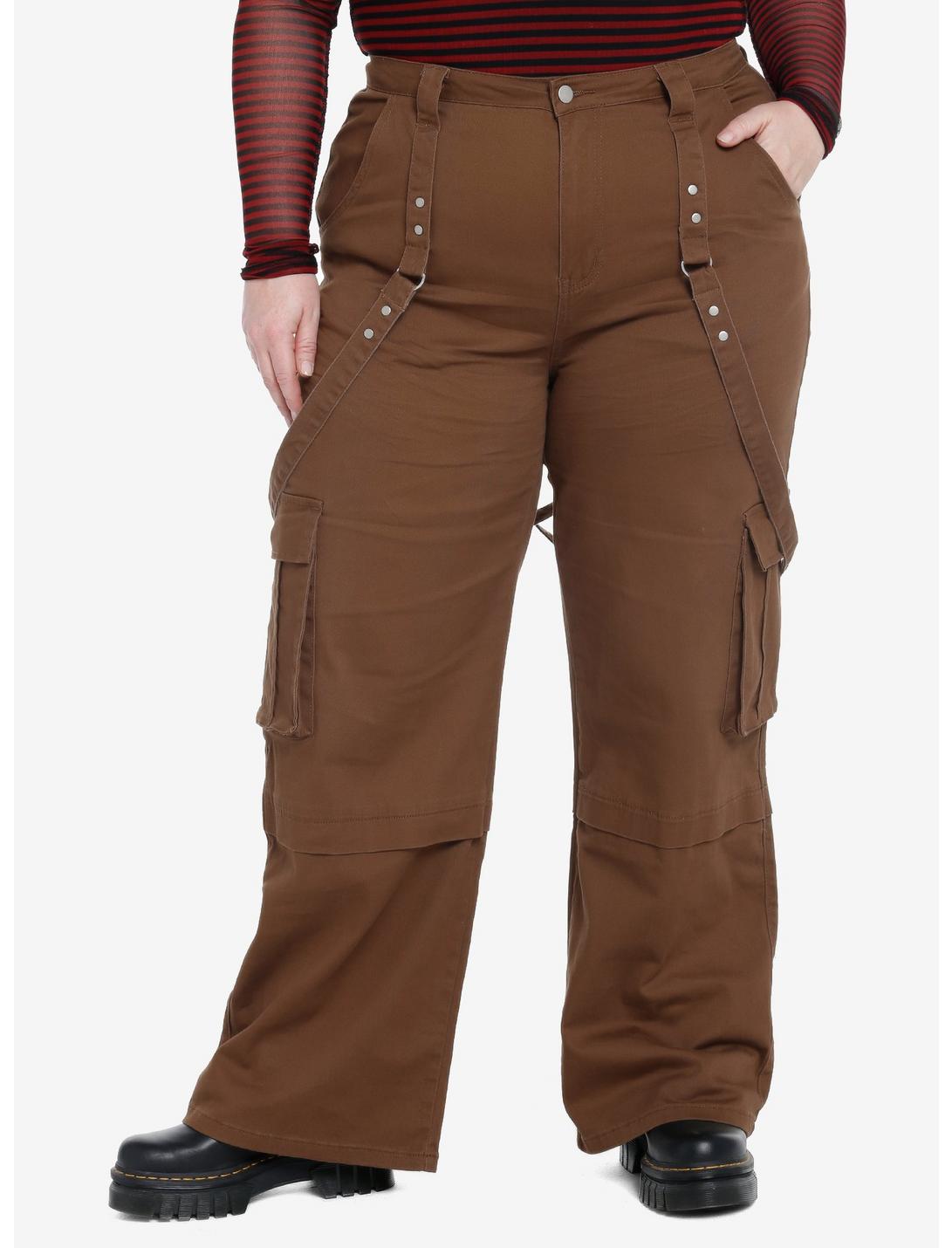 Social Collision Brown Wide Leg Suspender Pants Plus Size, BROWN, hi-res