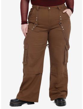 Social Collision Brown Wide Leg Suspender Pants Plus Size, , hi-res