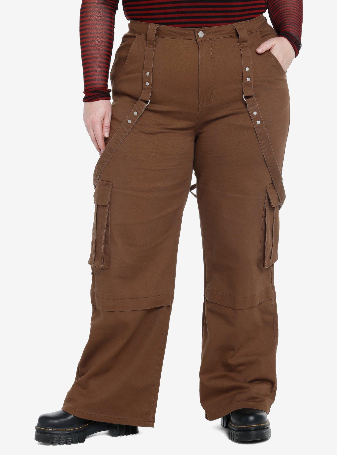 Brown Wide Leg Suspender Pants Plus Size, , hi-res