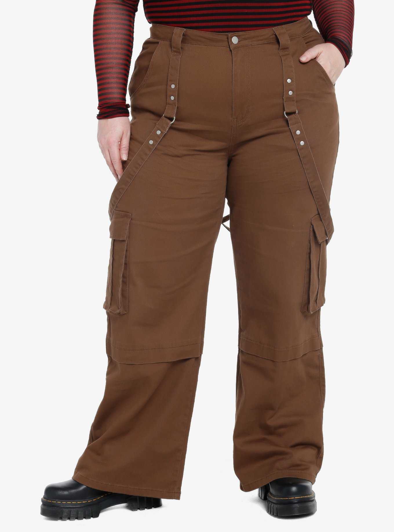 Social Collision Brown Wide Leg Suspender Pants Plus Size, , hi-res