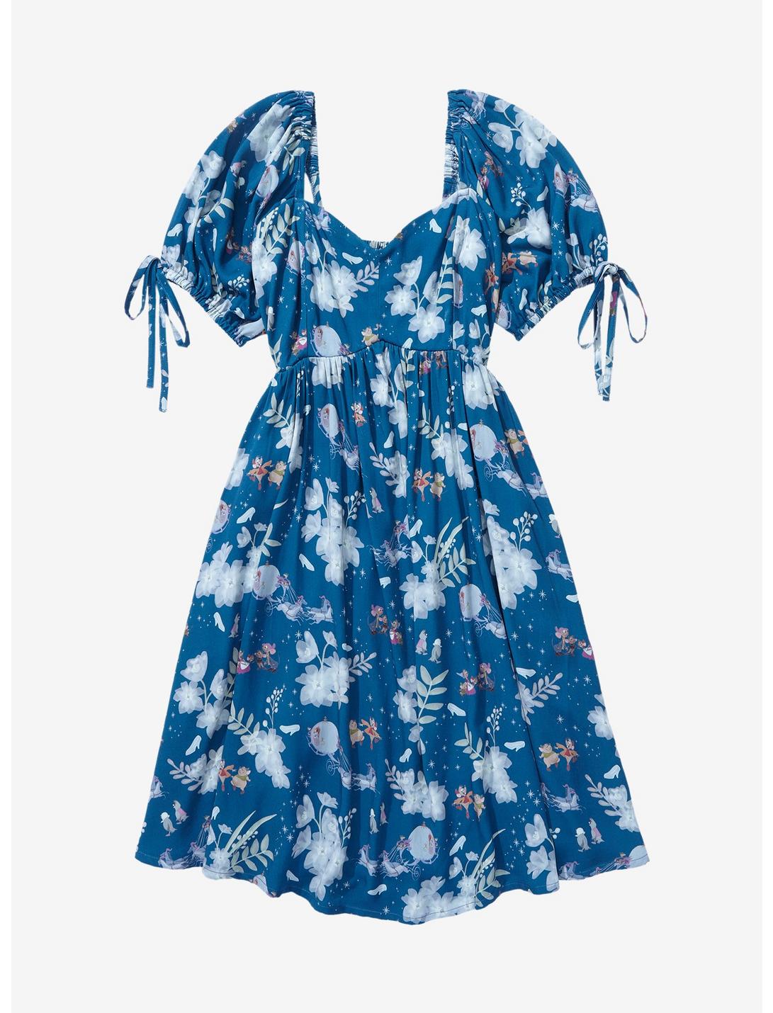 Disney Cinderella Floral Icons Allover Print Dress - BoxLunch Exclusive, BLUE, hi-res