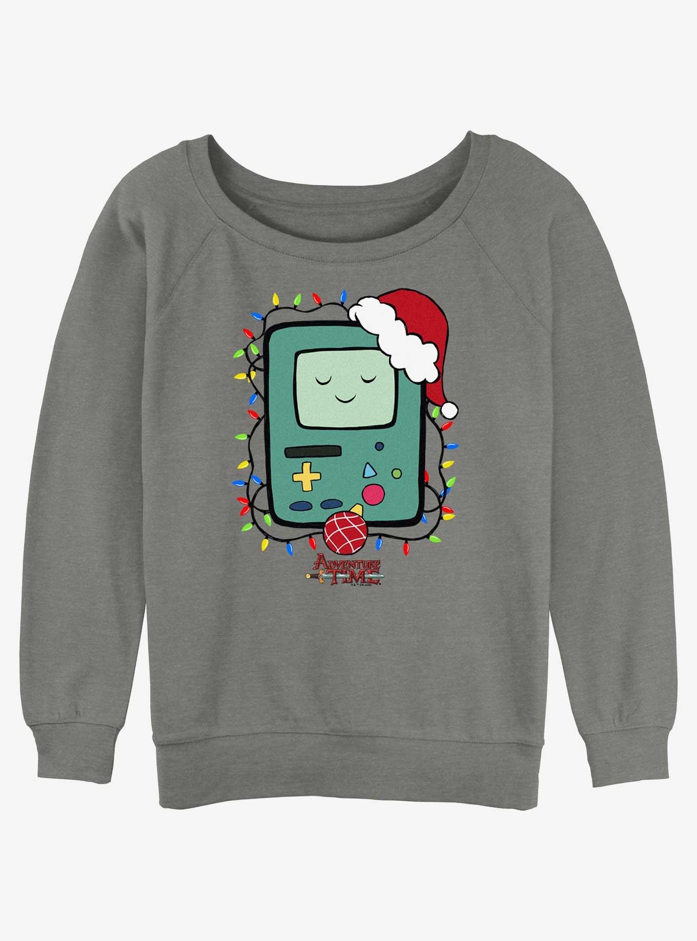 Adventure Time Christmas Light Up BMO Girls Slouchy Sweatshirt, GRAY HTR, hi-res