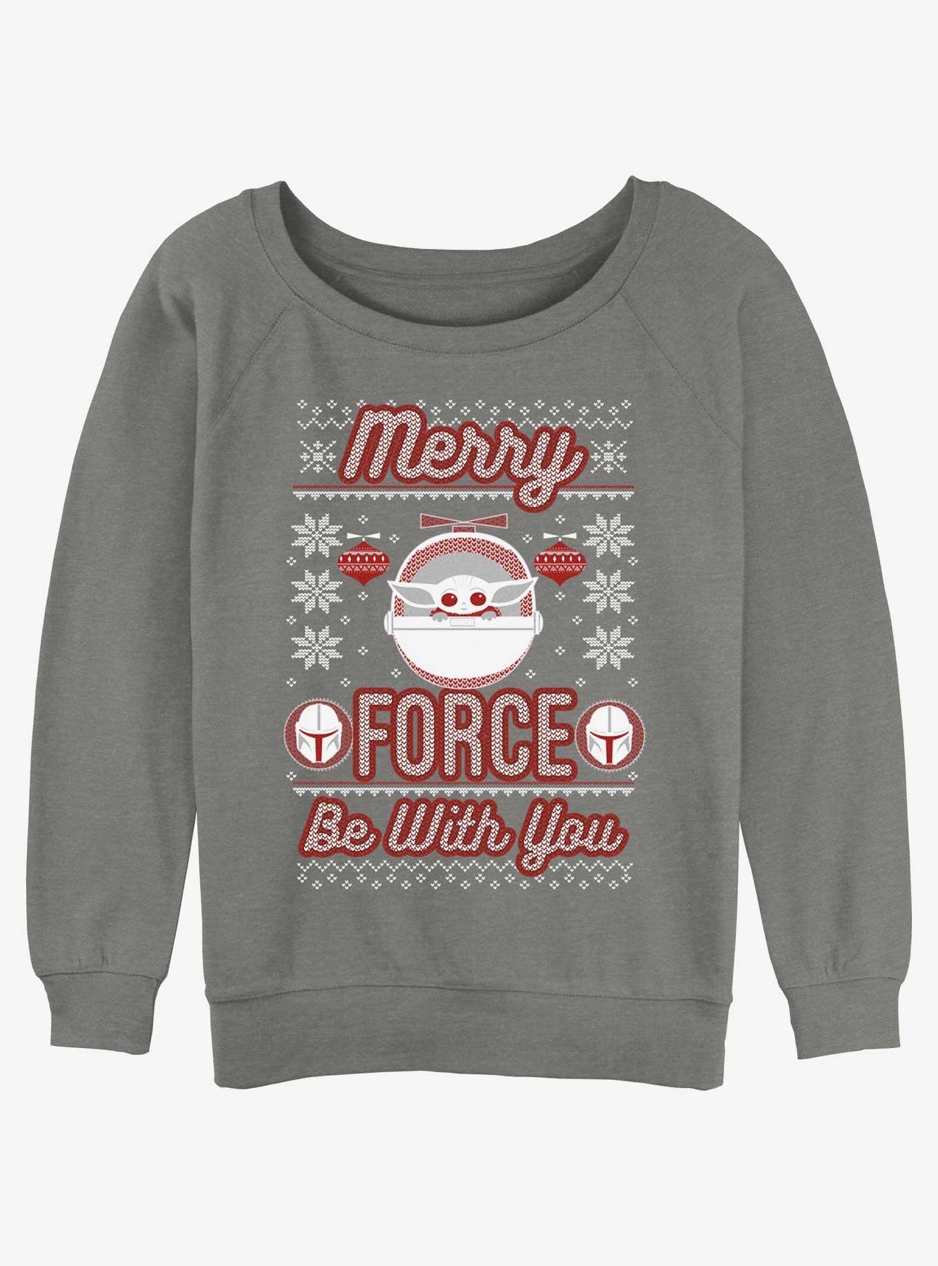 Star Wars The Mandalorian Merry Force Ugly Christmas Girls Slouchy Sweatshirt, GRAY HTR, hi-res