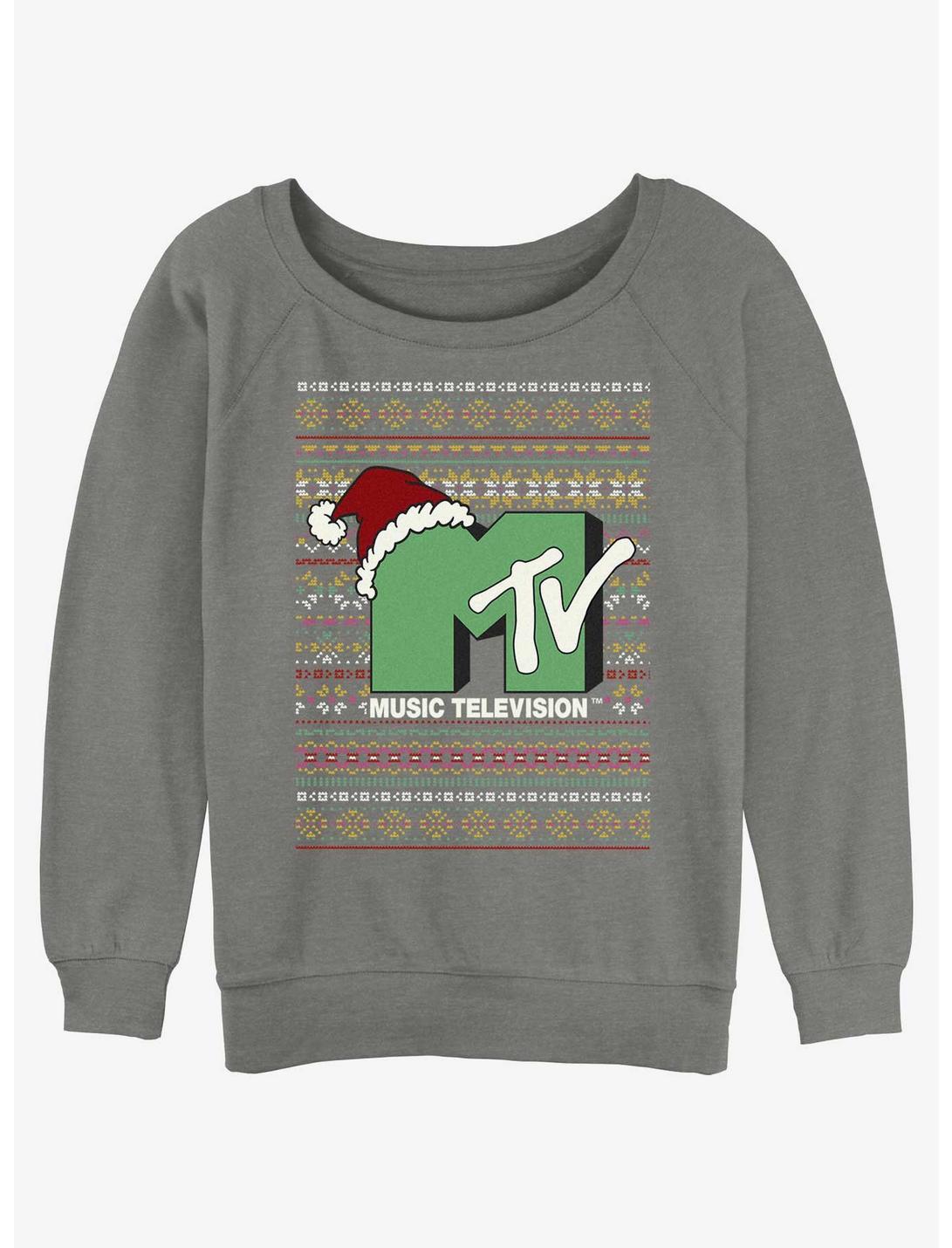 MTV Logo Ugly Christmas Girls Slouchy Sweatshirt, GRAY HTR, hi-res