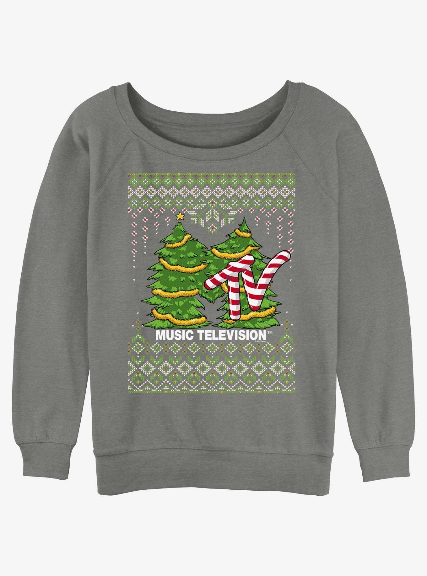 MTV Tree Ugly Christmas Girls Slouchy Sweatshirt GREY Hot Topic
