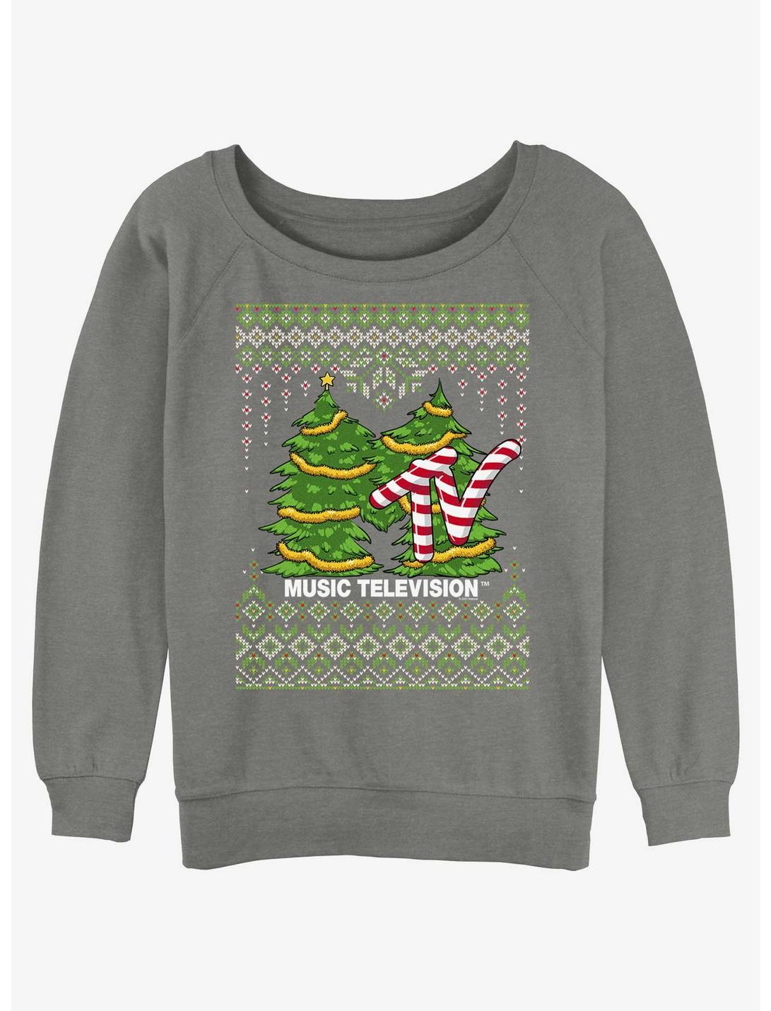MTV Tree Ugly Christmas Girls Slouchy Sweatshirt, GRAY HTR, hi-res