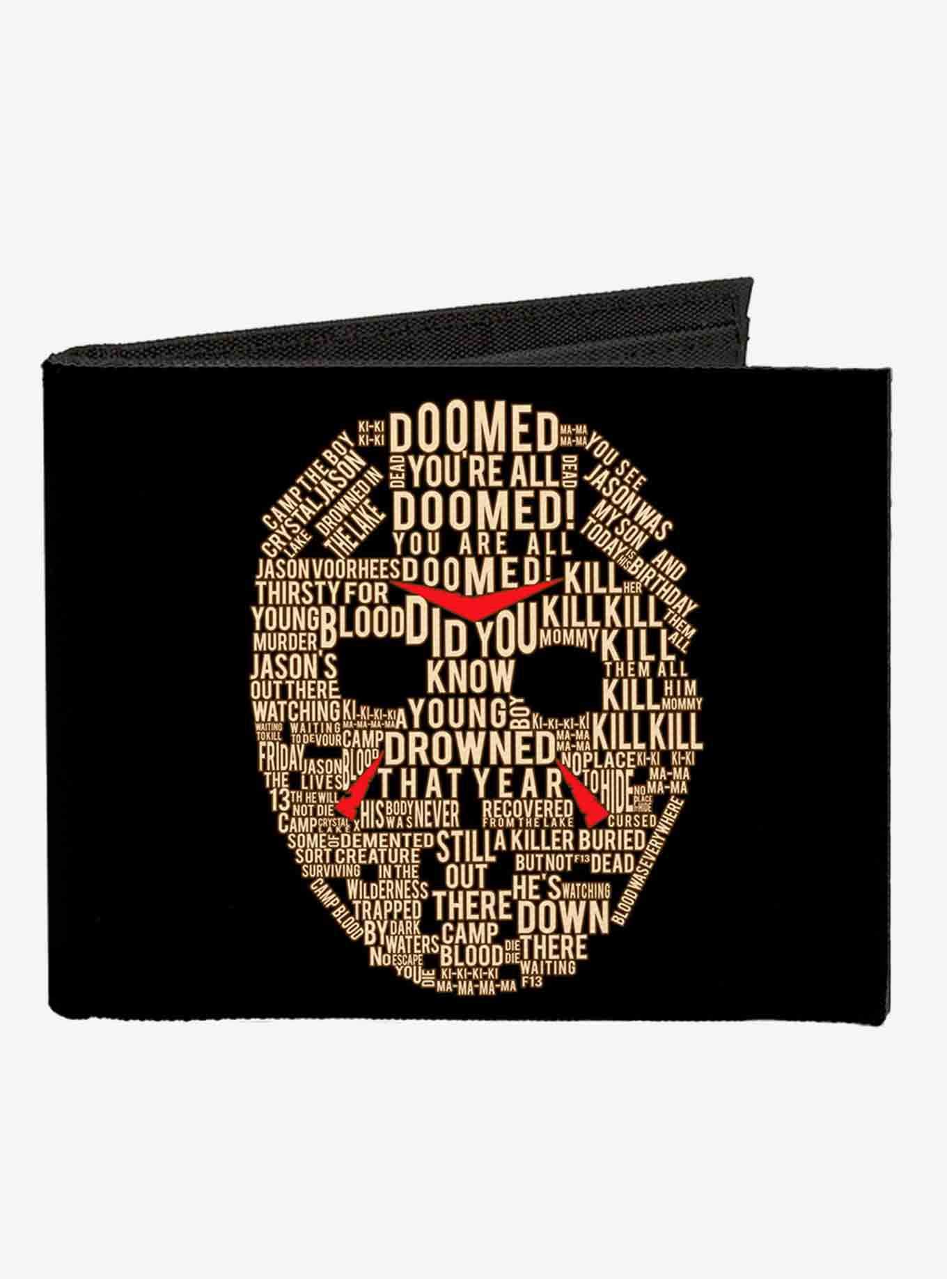 Friday The 13th Jason Mask Quotes Collage Logo Canvas Bifold Wallet, , hi-res