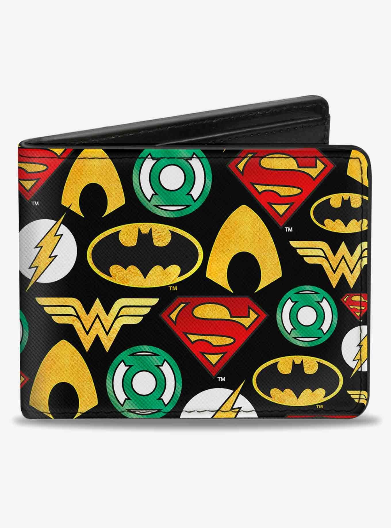 DC Comics Justice League 6 Superhero Logos Collage Bifold Wallet, , hi-res