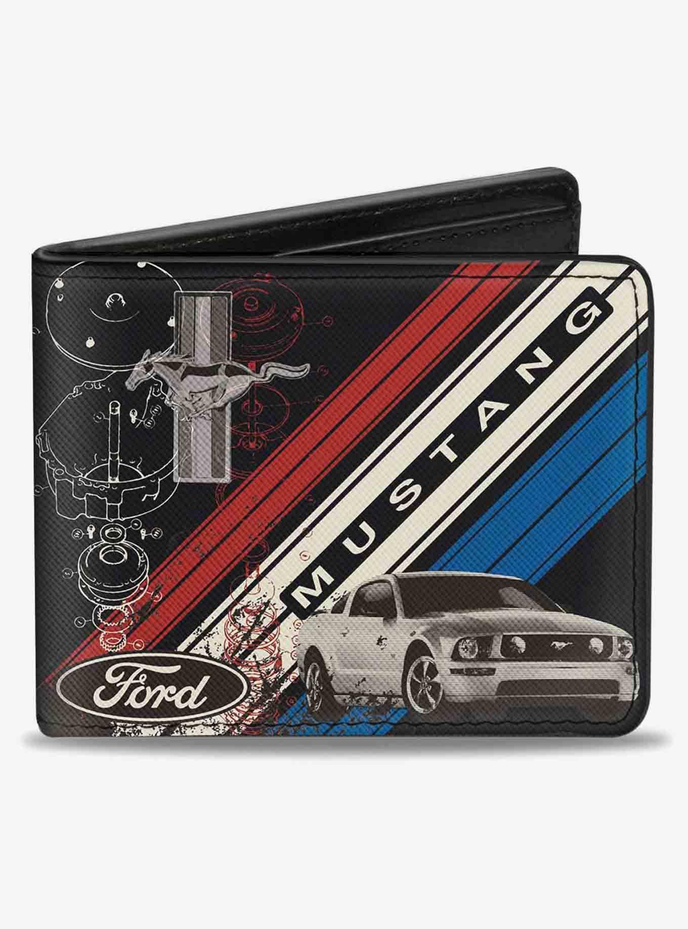 Mustang Tri Bar Logo Diagonal Stripe Blueprint Bifold Wallet, , hi-res