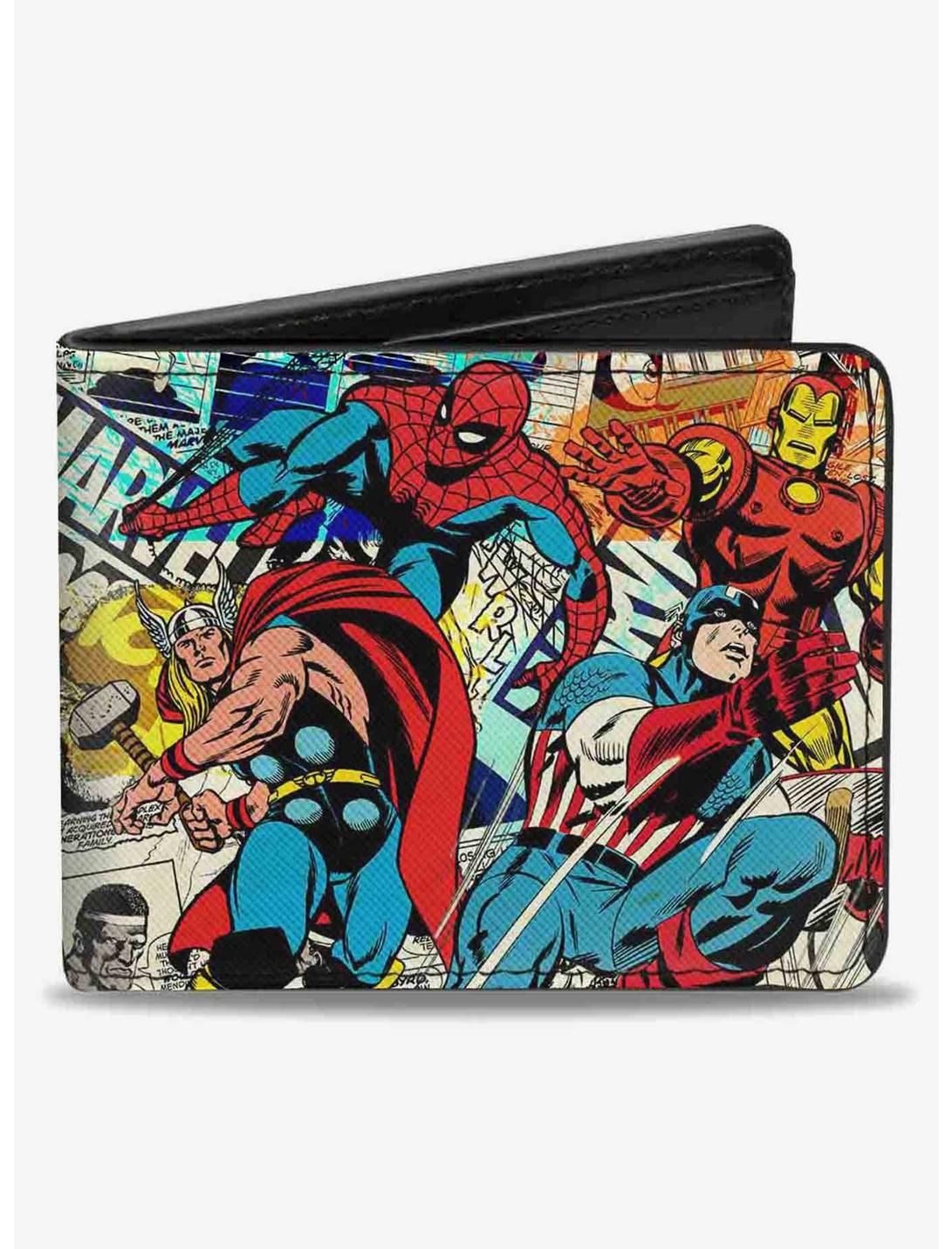Marvel 4 Avenger Superhero Action Marvel Comics Logo Scenes Multi Bifold Wallet, , hi-res