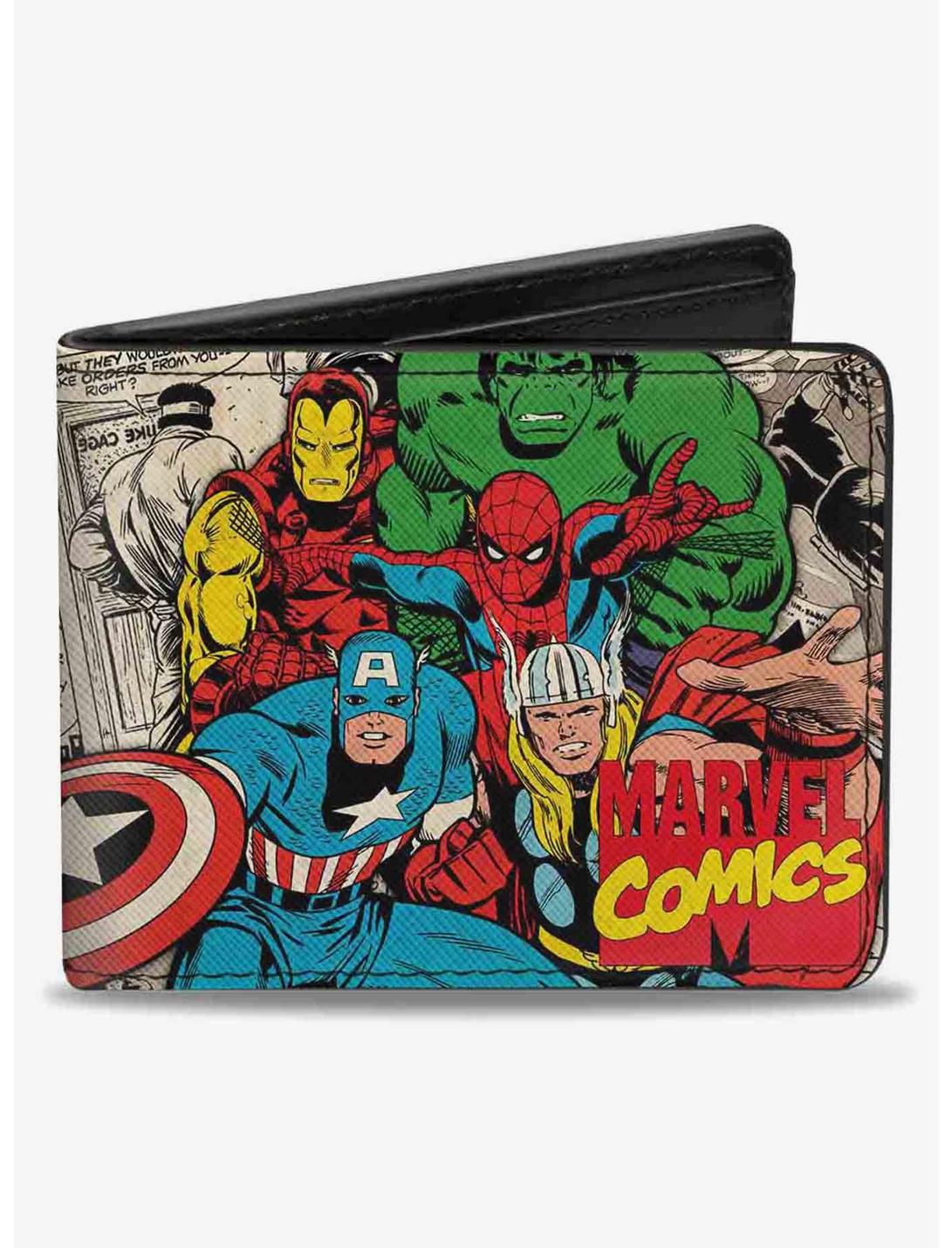Marvel 5 Avengers Group Marvel Comics Logo Stacked Comic Scenes Bifold Wallet, , hi-res
