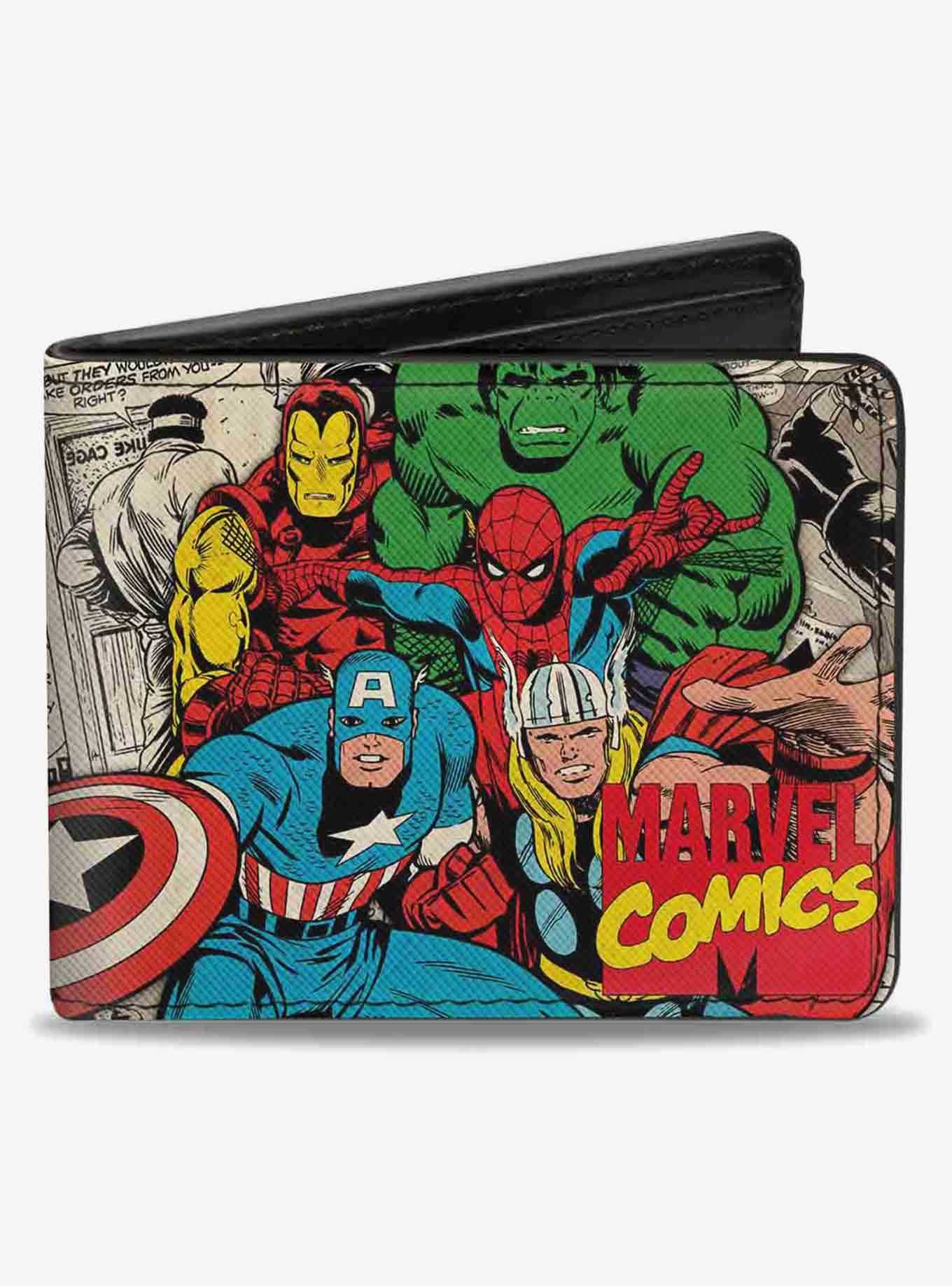 Marvel 5 Avengers Group Marvel Comics Logo Stacked Comic Scenes Bifold Wallet, , hi-res