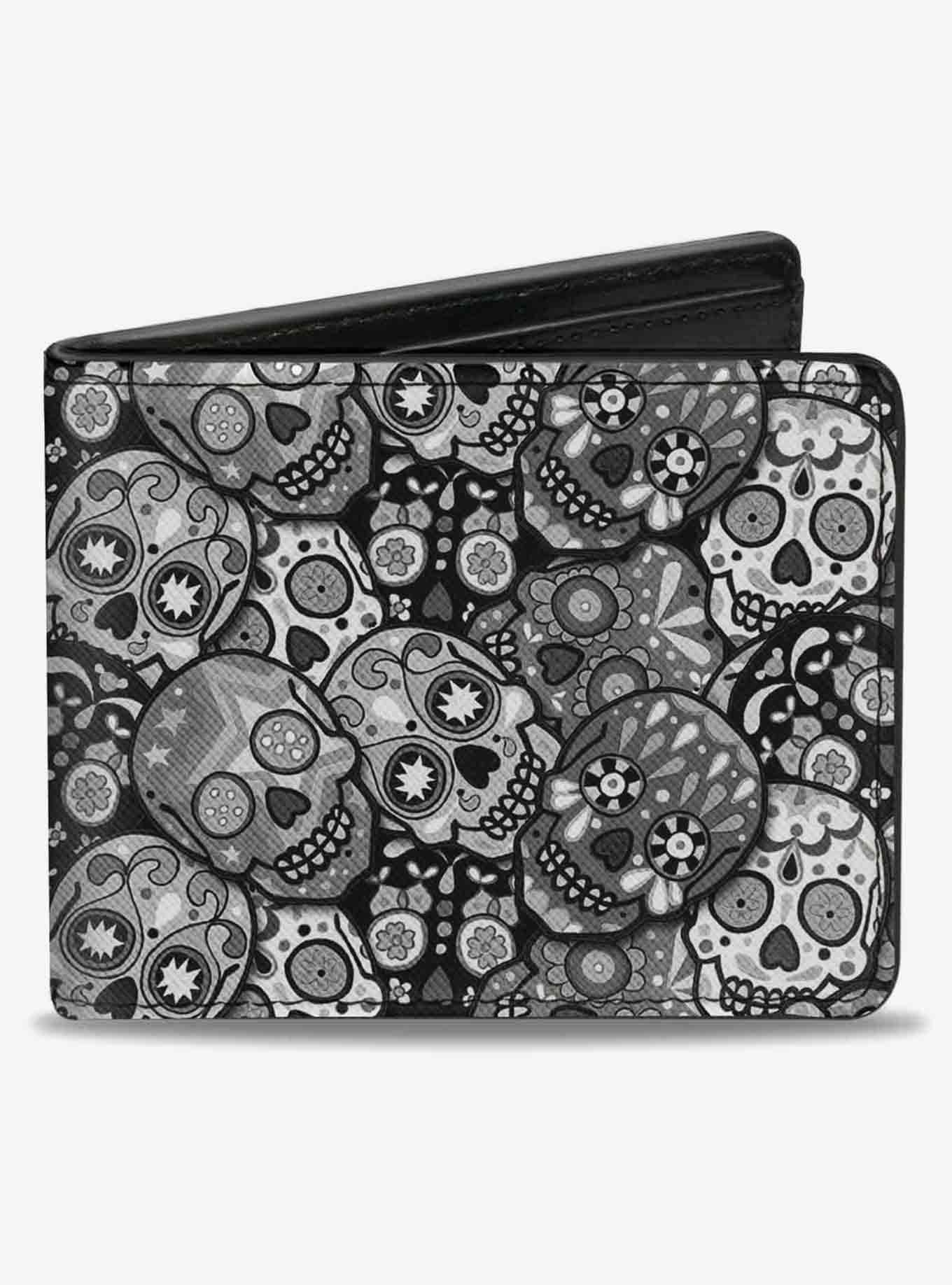 Buckle-Down Men's Bifold Wallet With Skull Design - Vegan Leather Billfold With Card Slots