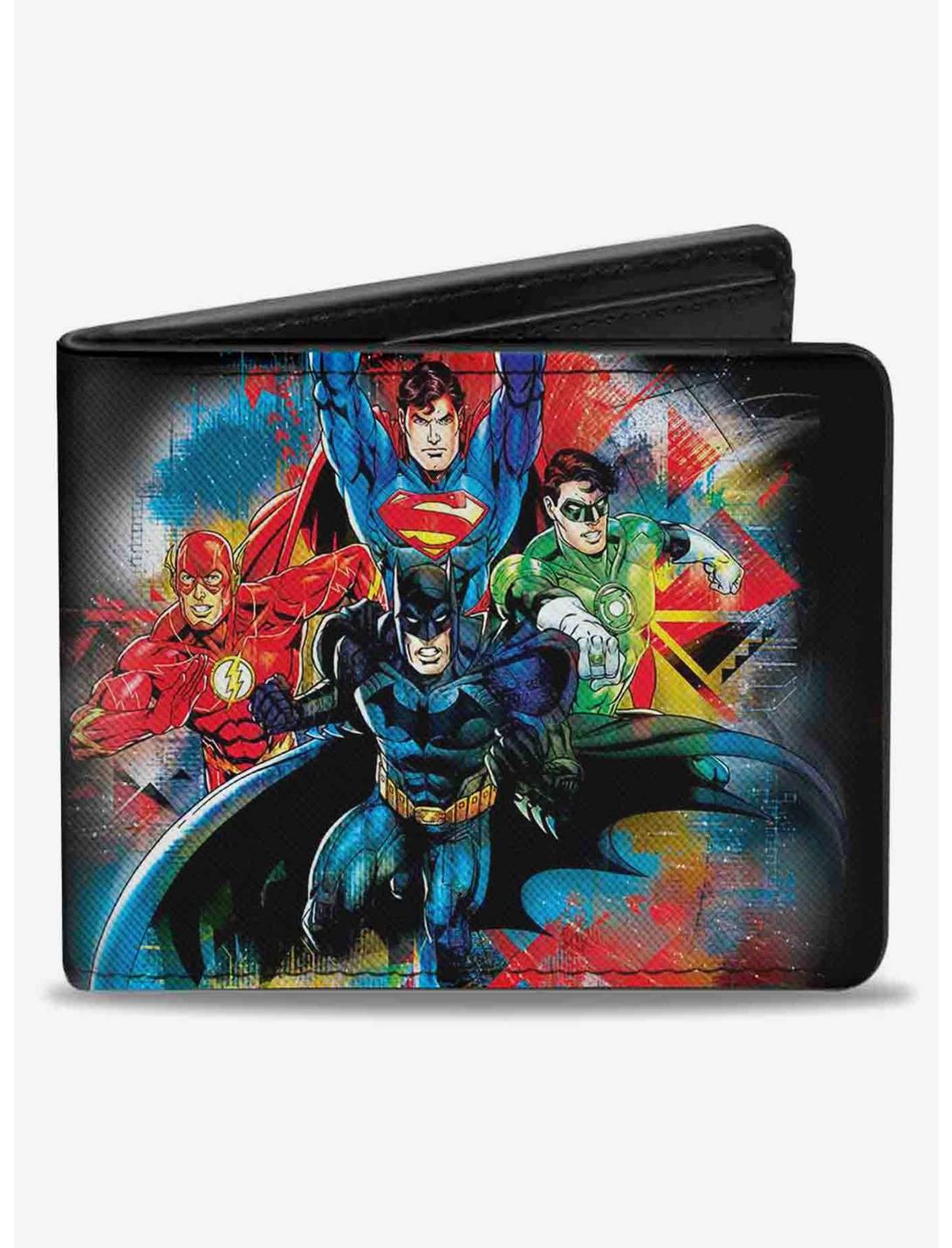 DC Comics Justice League 4 Superhero Group Splatter Logo Bifold Wallet, , hi-res
