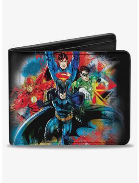 DC Comics Justice League 4 Superhero Group Splatter Logo Bifold Wallet, , hi-res