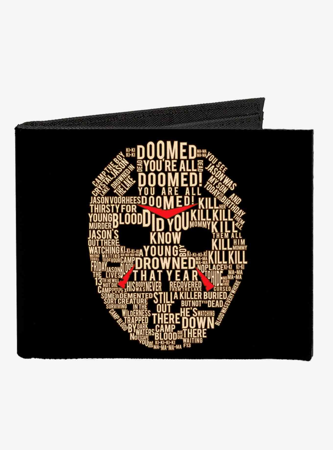 Friday The 13th Jason Mask Quotes Collage Logo Canvas Bifold Wallet, , hi-res