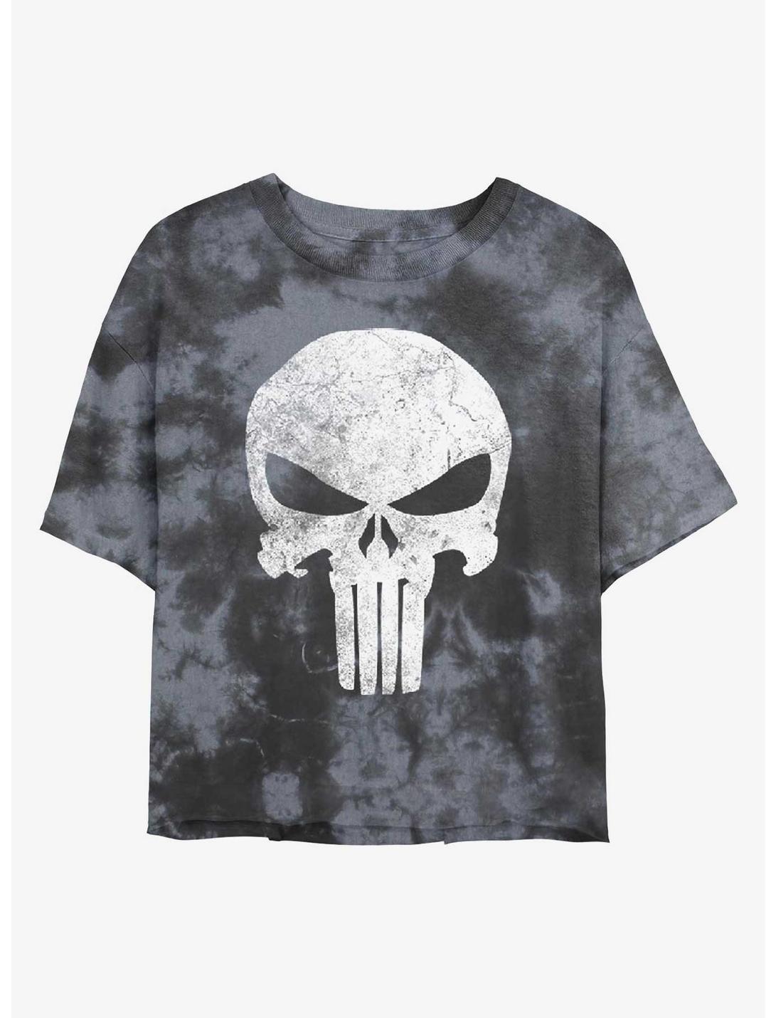 Marvel The Punisher Distressed Skull Tie-Dye Girls Crop T-Shirt, BLKCHAR, hi-res