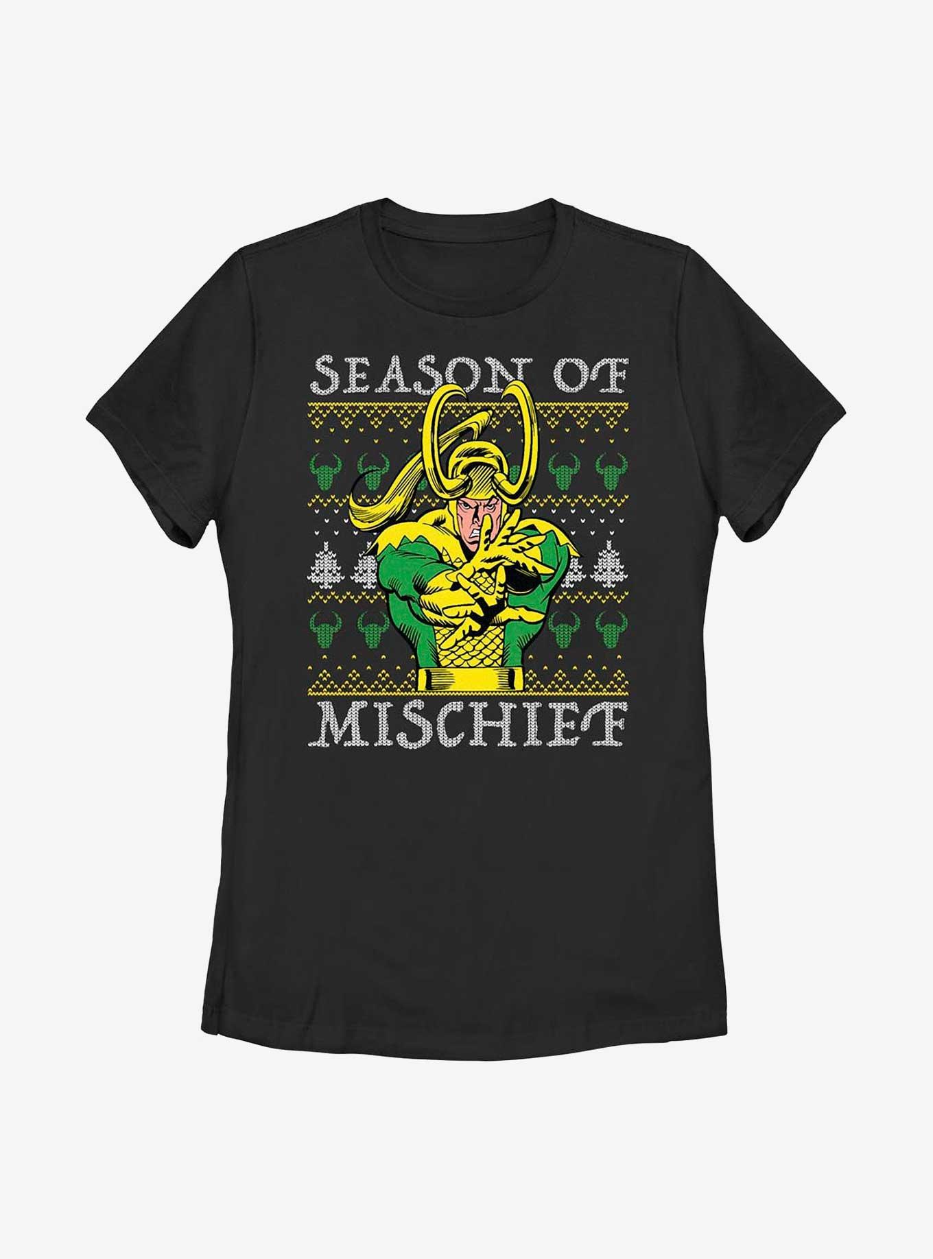 Marvel Loki Mischief Season Ugly Christmas Womens T-Shirt, BLACK, hi-res