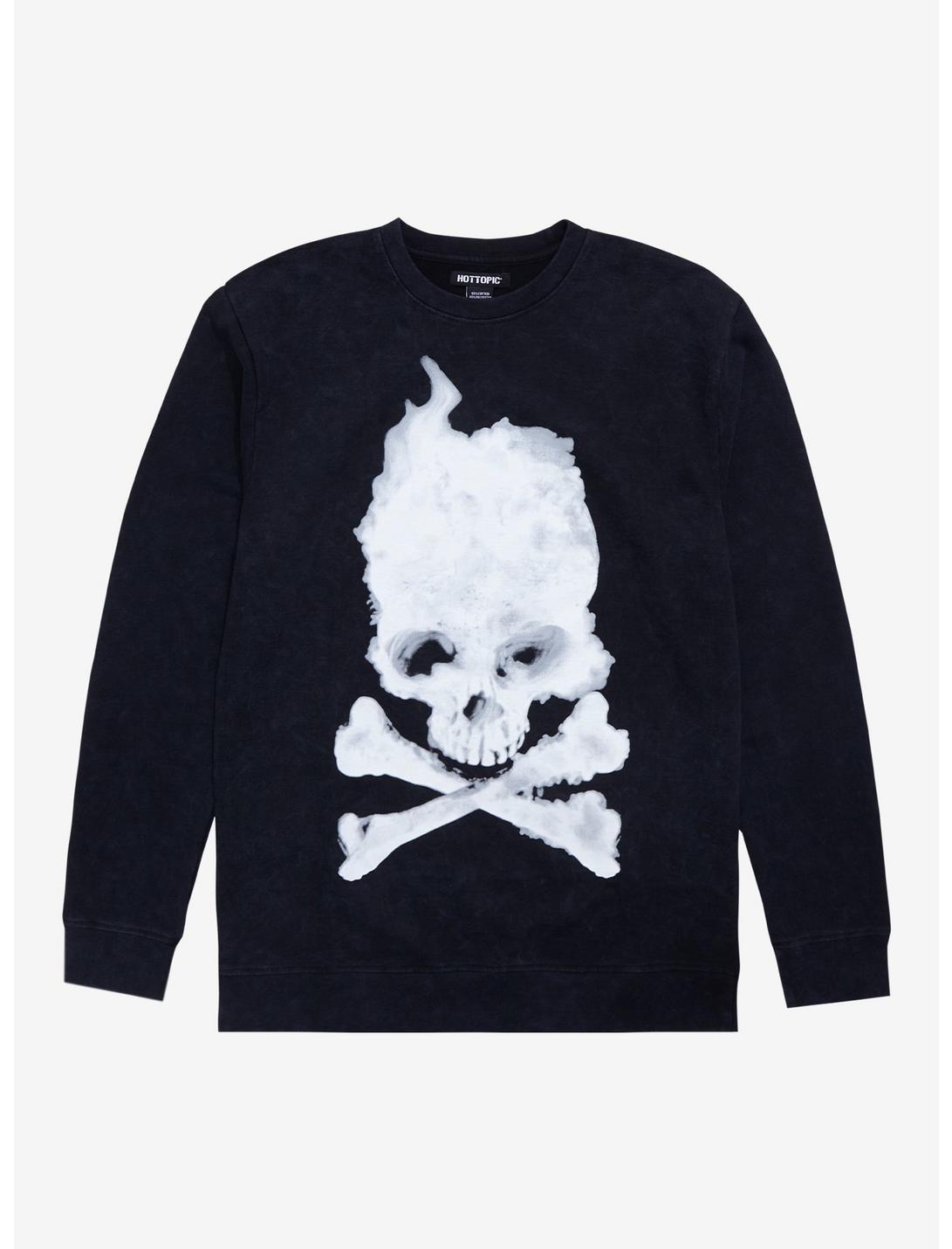 Blurry Skull & Crossbones Crewneck Sweater, BLACK, hi-res