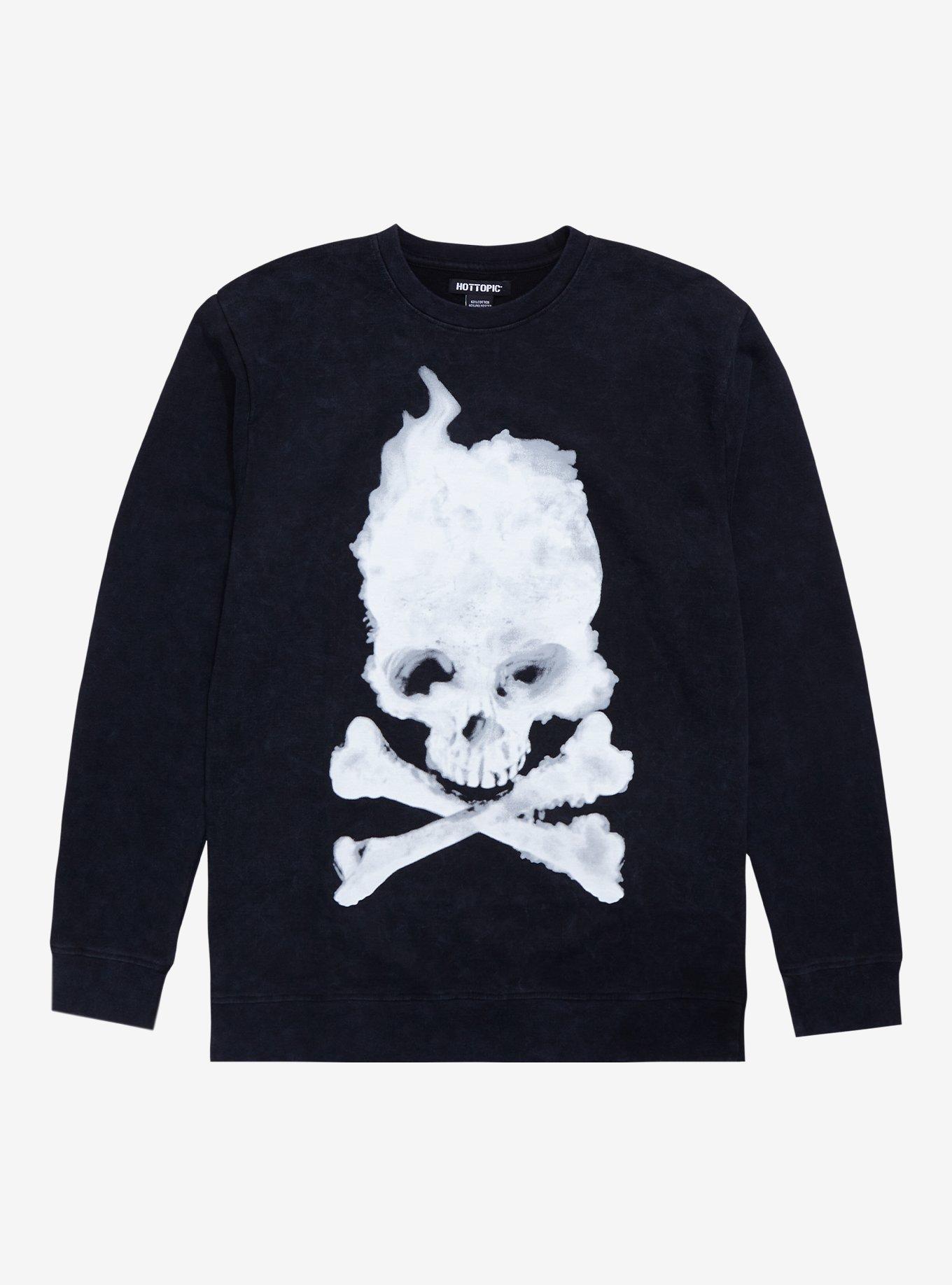 Blurry Skull & Crossbones Crewneck Sweater, BLACK, hi-res