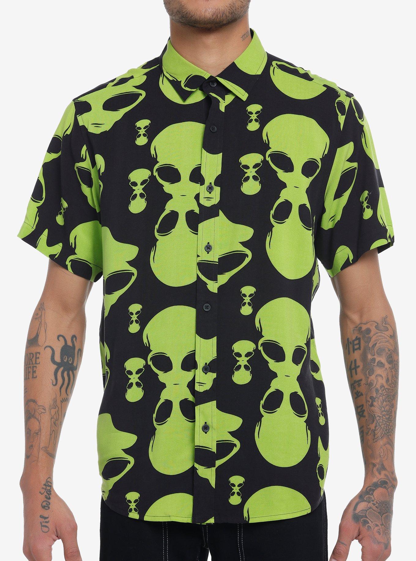 Trippy Green Alien Face Woven Button-Up, BLACK  WHITE, hi-res