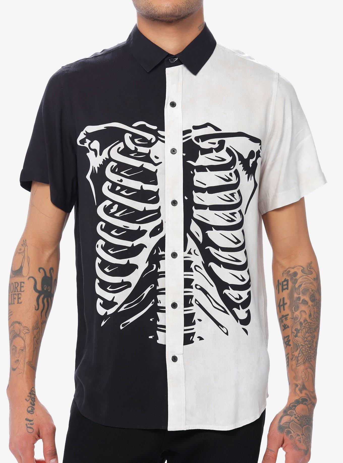 Black & White Split Skeleton Woven Button-Up, BROWN, hi-res