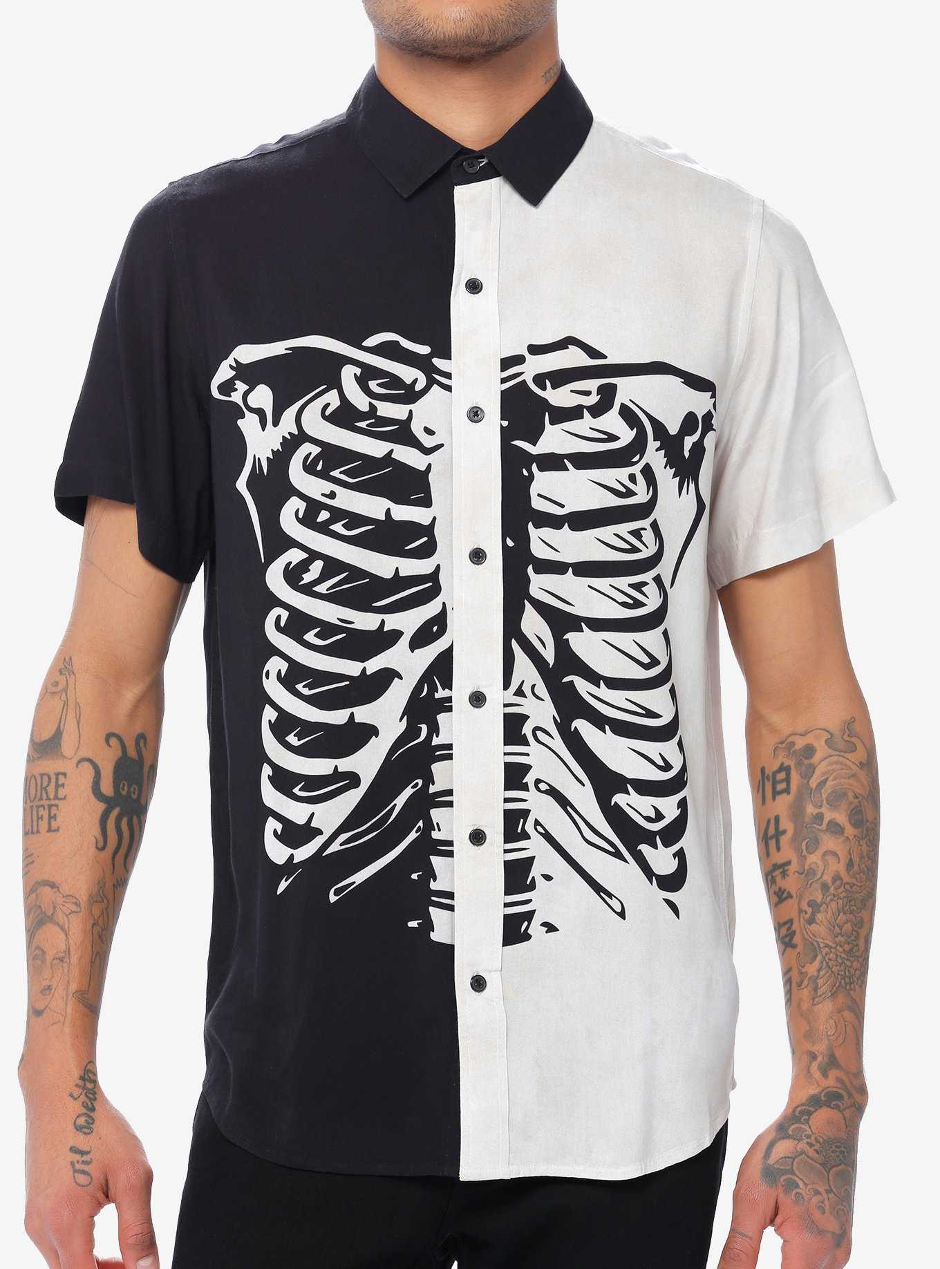 Black White Split Skeleton Woven Button Up Hot Topic