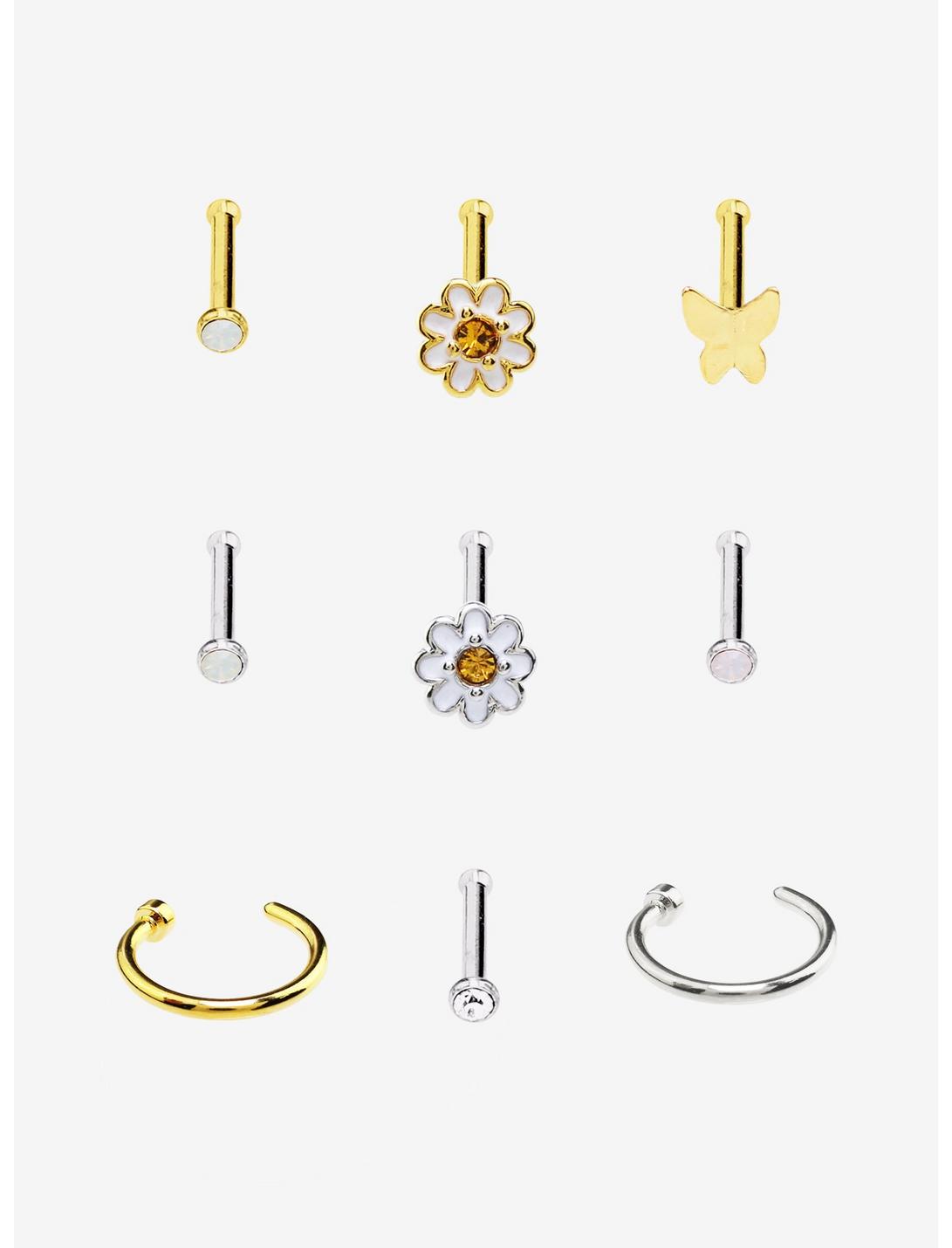 Steel Gold Daisy Butterfly Nose Stud & Hoop 9 Pack, GOLD, hi-res