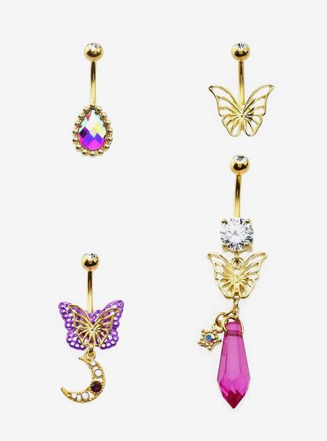 14G Steel Gold & Purple Butterfly Crystal Navel Barbell 4 Pack | Hot Topic