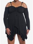 Thorn & Fable Black Hanky Hem Girls Cold Shoulder Dress Plus Size, BLACK, hi-res