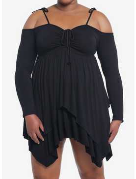Thorn & Fable Black Hanky Hem Girls Cold Shoulder Dress Plus Size, , hi-res