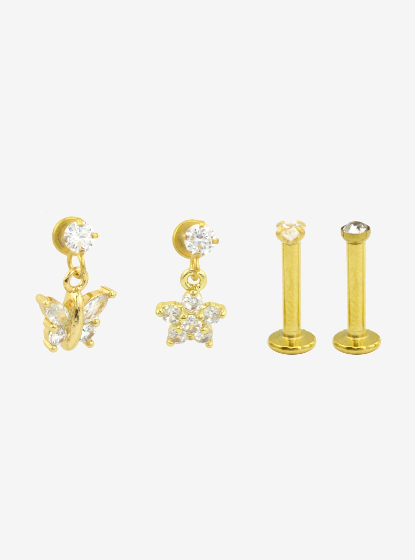 Steel Gold Butterfly Gem Labret 4 Pack, GOLD, hi-res