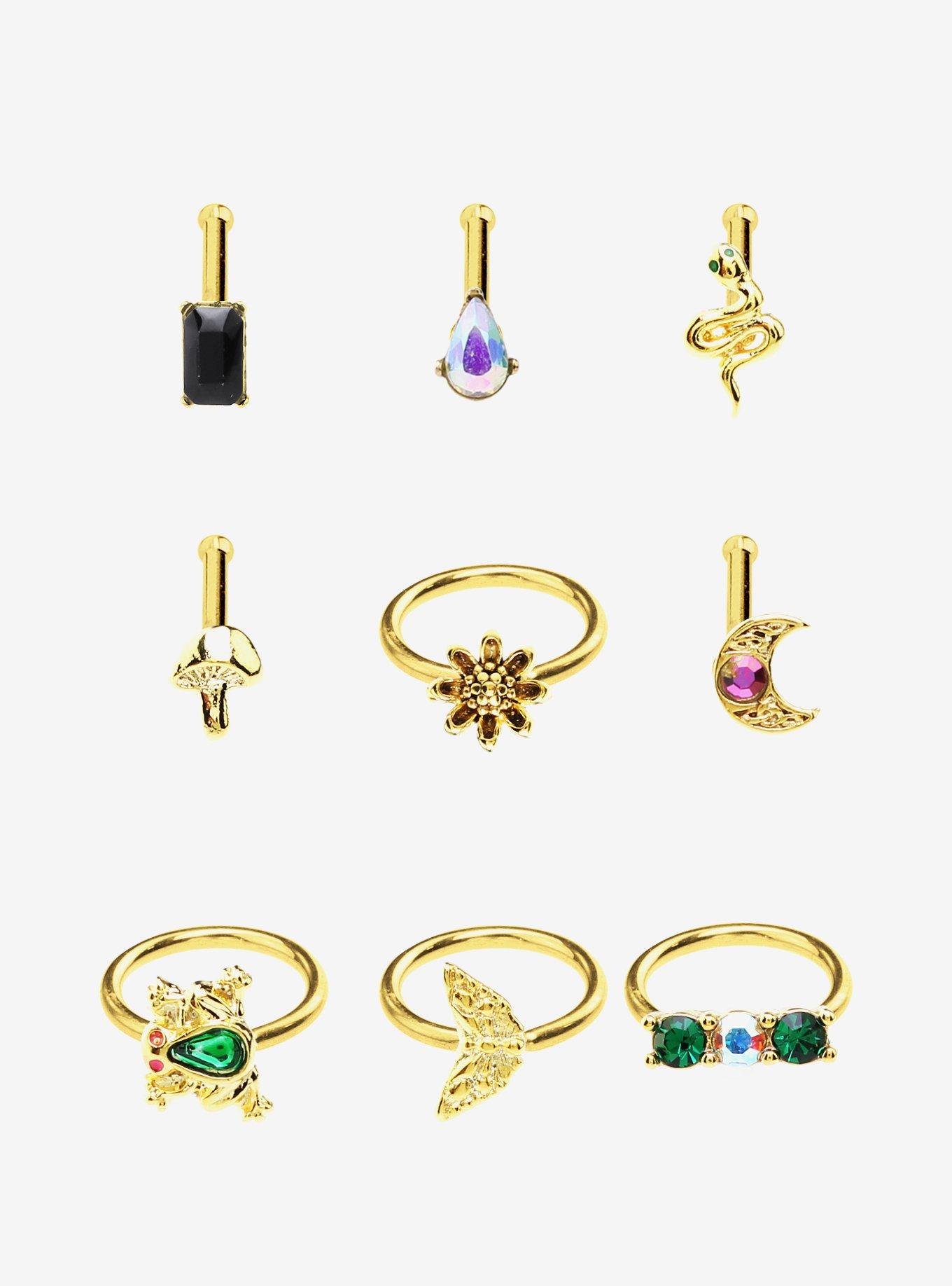 Steel Mushroom Flower Snake Nose Stud & Hoop 9 Pack, GOLD, hi-res