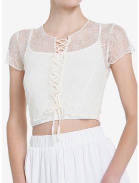 Plus Size Thorn & Fable Ivory Lace-Up Girls Lace Crop Top, , hi-res