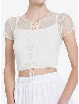 Thorn & Fable Ivory Lace-Up Girls Lace Crop Top, , hi-res