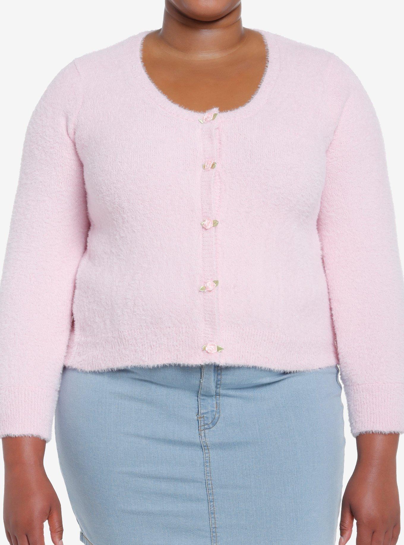 Sweet Society Pink Rose Fuzzy Cardigan Plus Size, PINK, hi-res