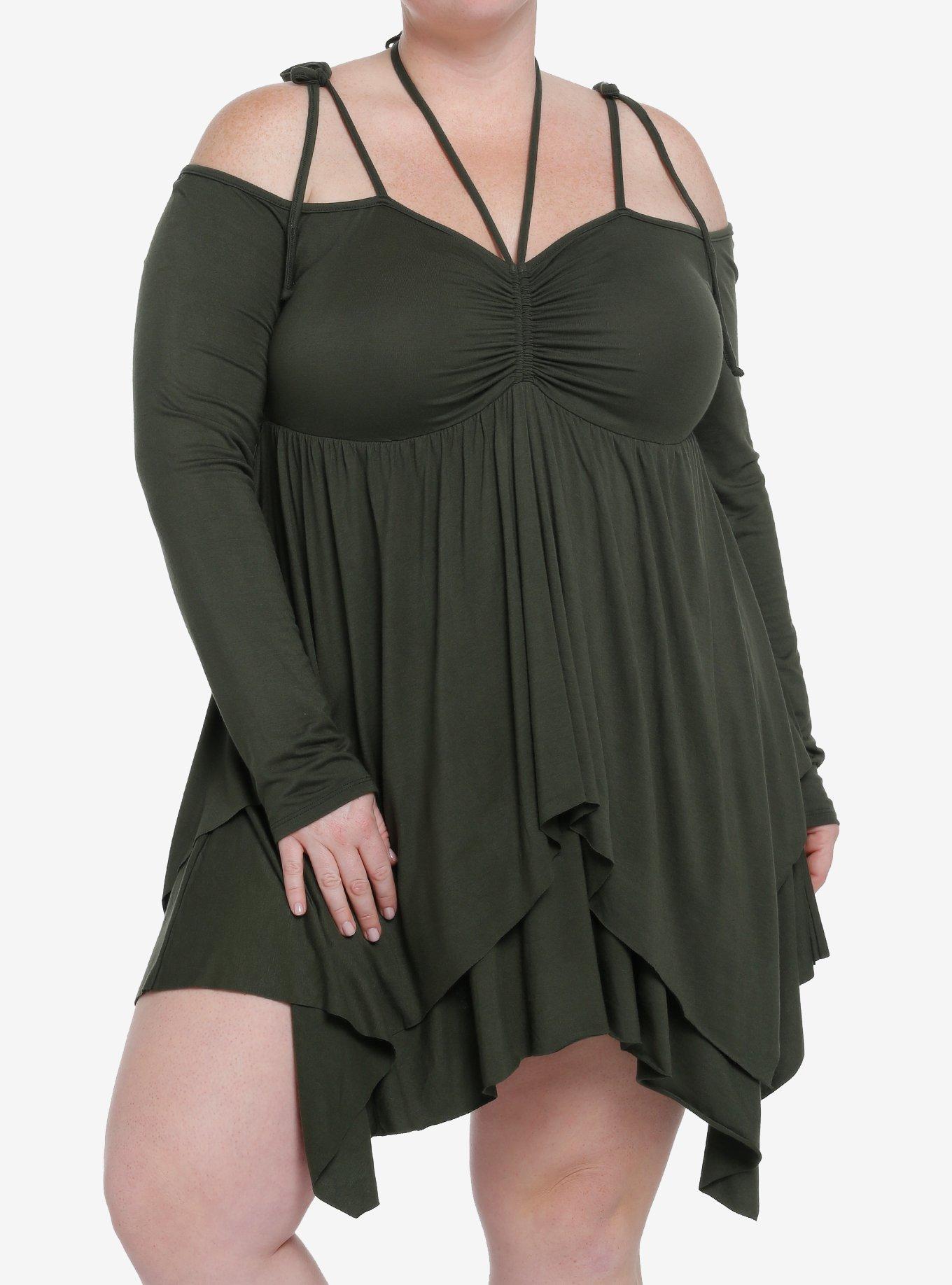 Thorn & Fable Green Hanky Hem Girls Cold Shoulder Dress Plus Size