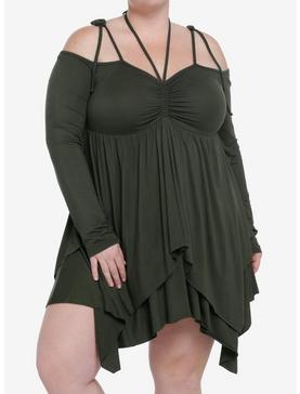 Thorn & Fable Green Hanky Hem Girls Cold Shoulder Dress Plus Size, , hi-res