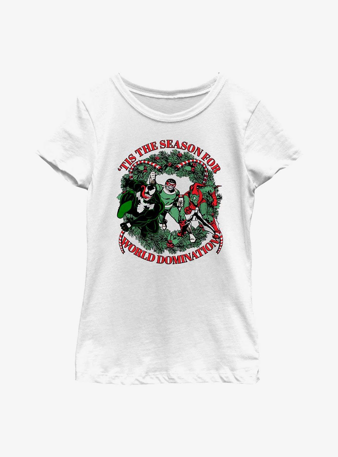 Marvel Venom, Doctor Octopus & Green Goblin Tis The Season For World Domination Youth Girls T-Shirt, WHITE, hi-res