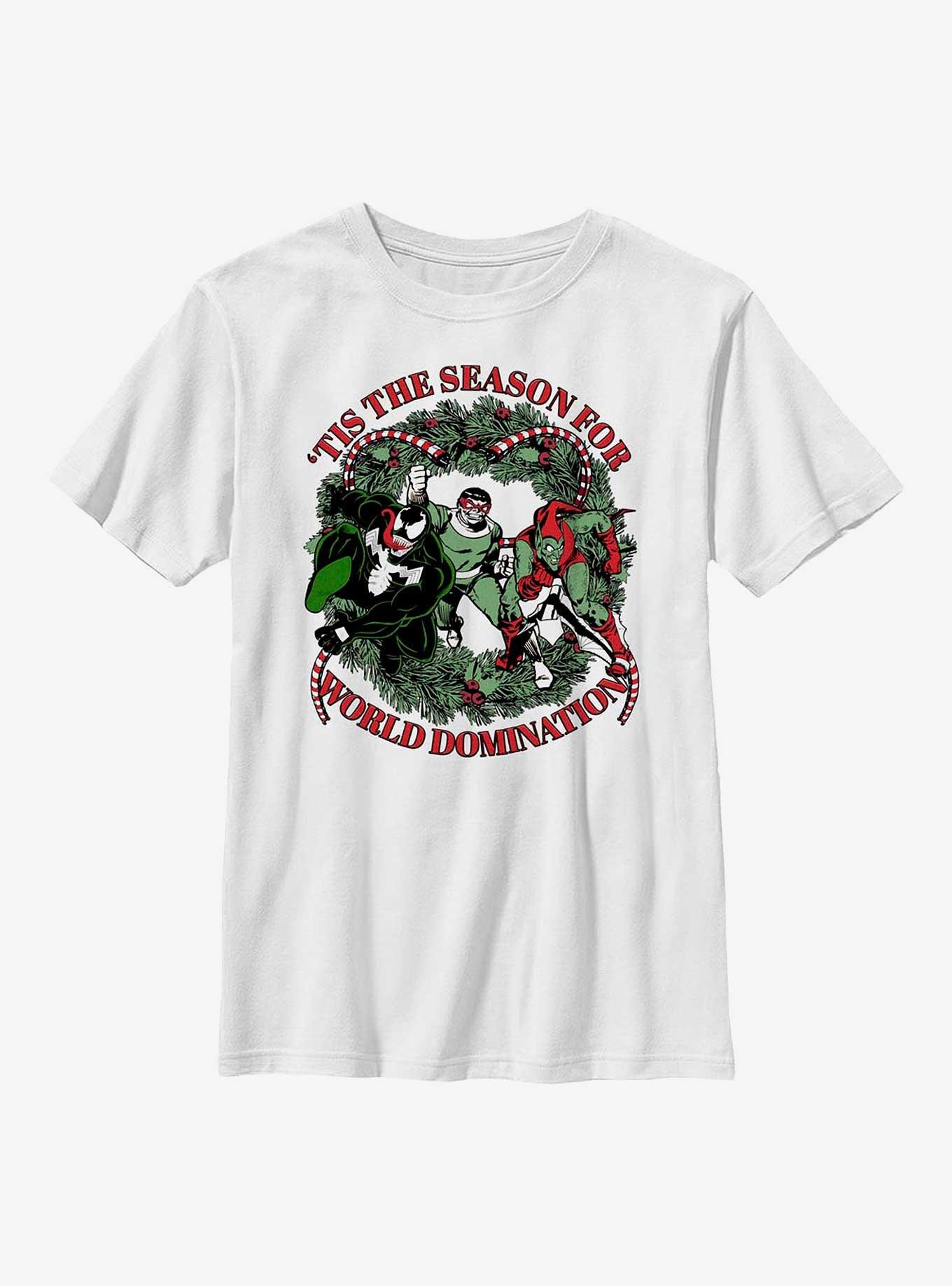 Marvel Venom, Doctor Octopus & Green Goblin Tis The Season For World Domination Youth T-Shirt, WHITE, hi-res