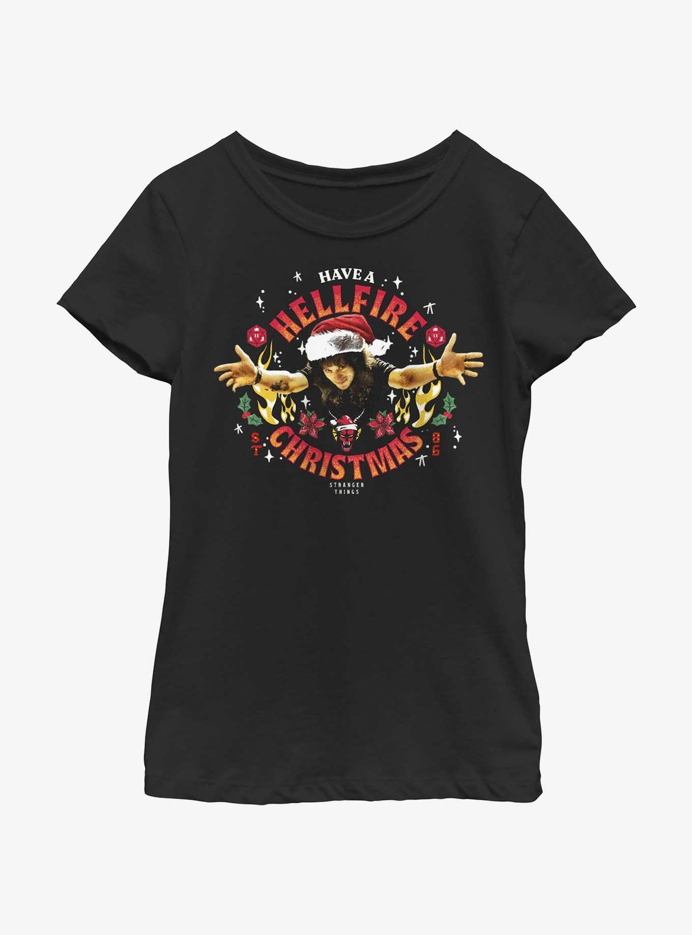 Stranger Things Hellfire Christmas Santa Eddie Youth Girls T-Shirt, BLACK, hi-res