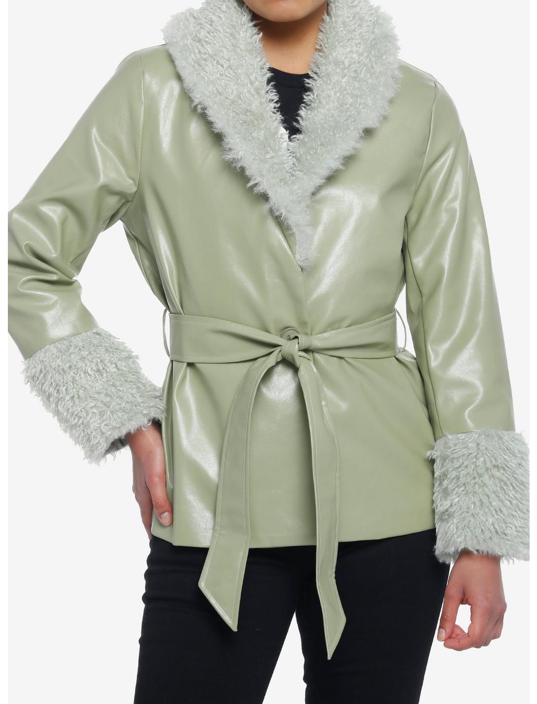 Green Fuzzy Trim Girls Faux Leather Jacket, GREEN, hi-res
