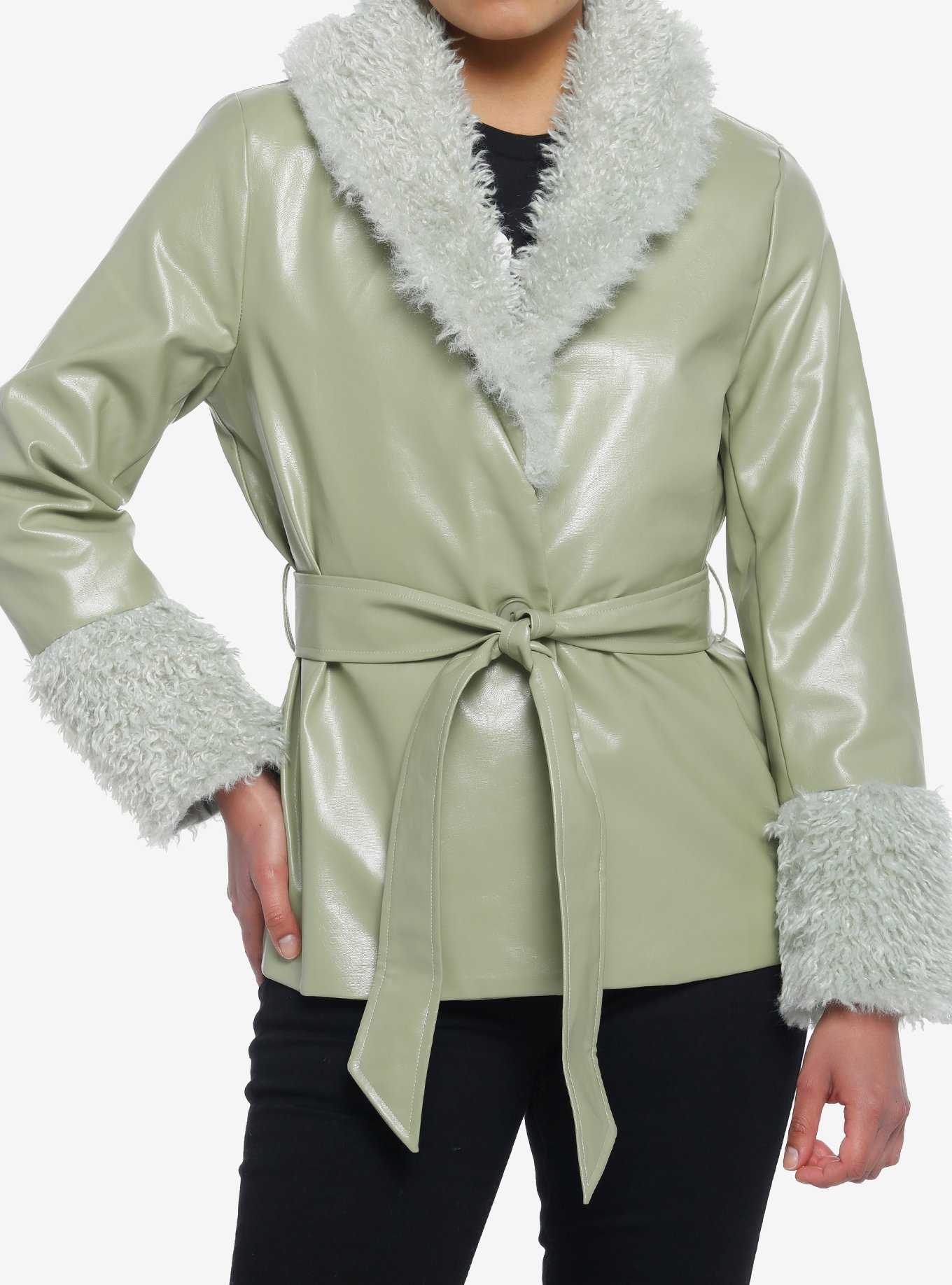 Green Fuzzy Trim Girls Faux Leather Jacket, , hi-res